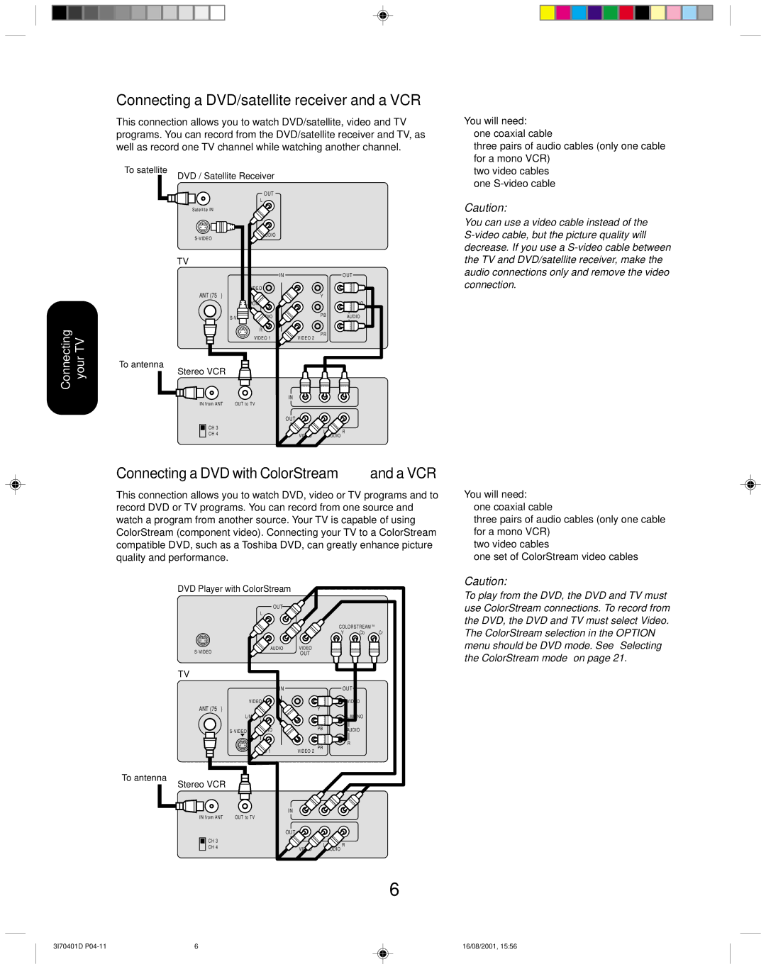 Toshiba 20AF41 appendix Connecting a DVD/satellite receiver and a VCR, Connecting a DVD with ColorStream and a VCR 