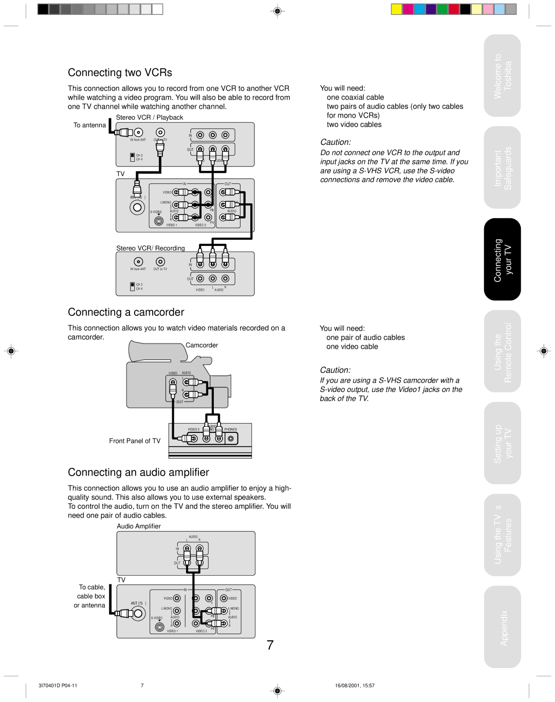 Toshiba 20AF41 appendix Connecting two VCRs, Connecting a camcorder, Connecting an audio amplifier 