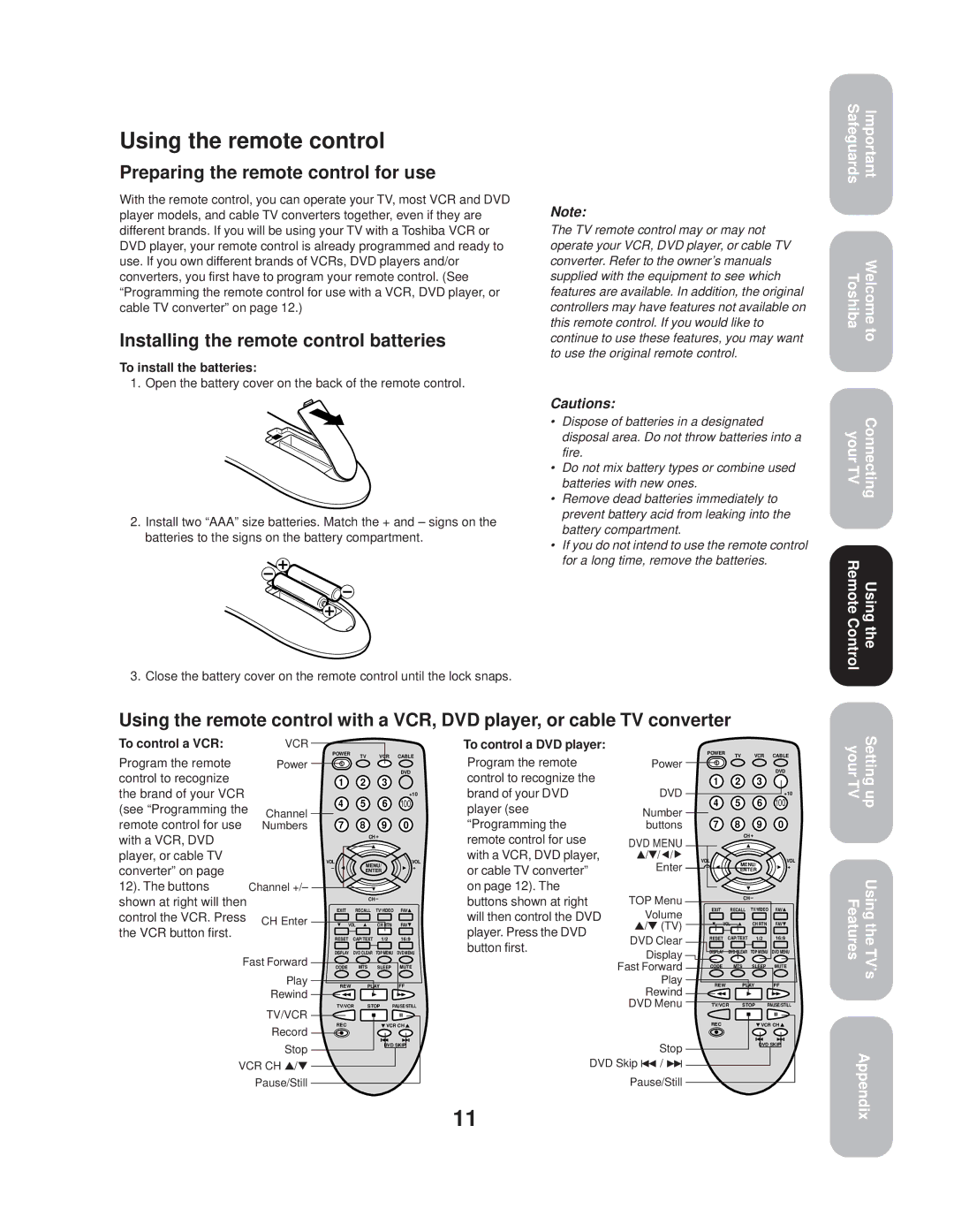 Toshiba 20AF44 Using the remote control, Preparing the remote control for use, Installing the remote control batteries 