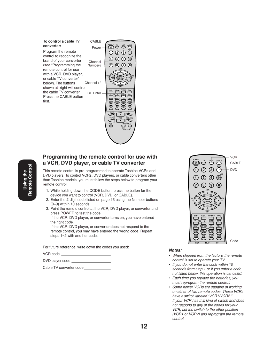 Toshiba 20AF44 appendix To control a cable TV converter, Dvd 