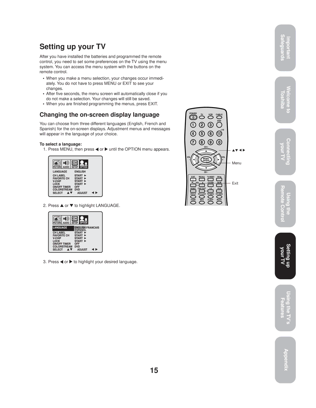 Toshiba 20AF44 appendix Setting up your TV, Changing the on-screen display language, To select a language 