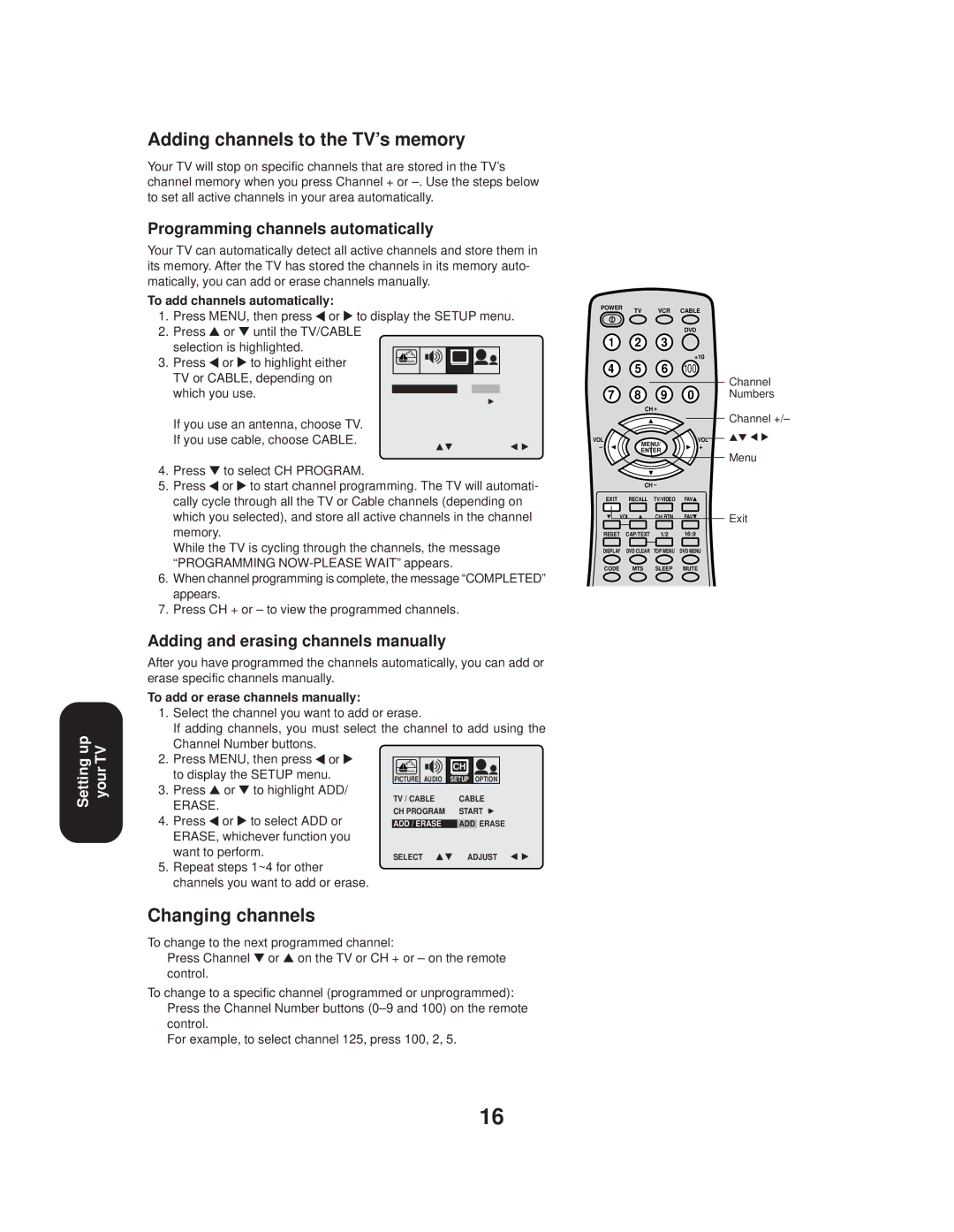 Toshiba 20AF44 appendix Adding channels to the TV’s memory, Changing channels, Programming channels automatically 