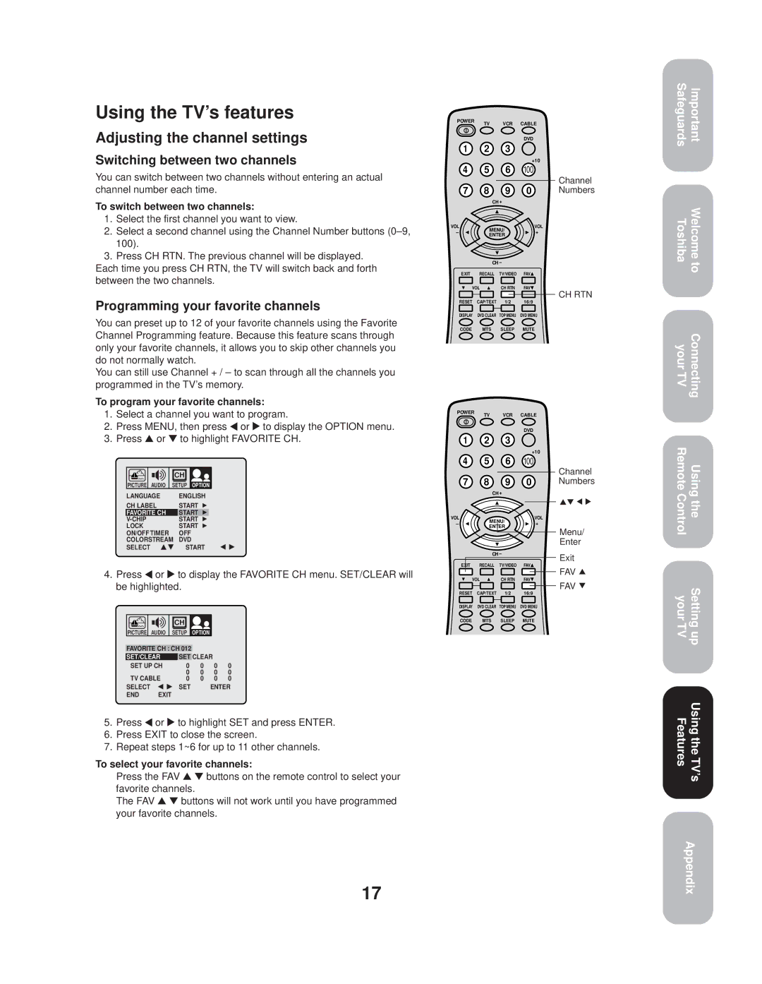 Toshiba 20AF44 appendix Using the TV’s features, Adjusting the channel settings, Switching between two channels 