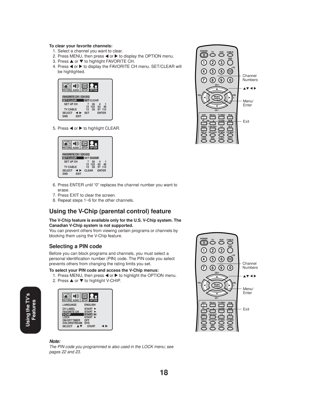 Toshiba 20AF44 appendix Using the V-Chip parental control feature, Selecting a PIN code, To clear your favorite channels 