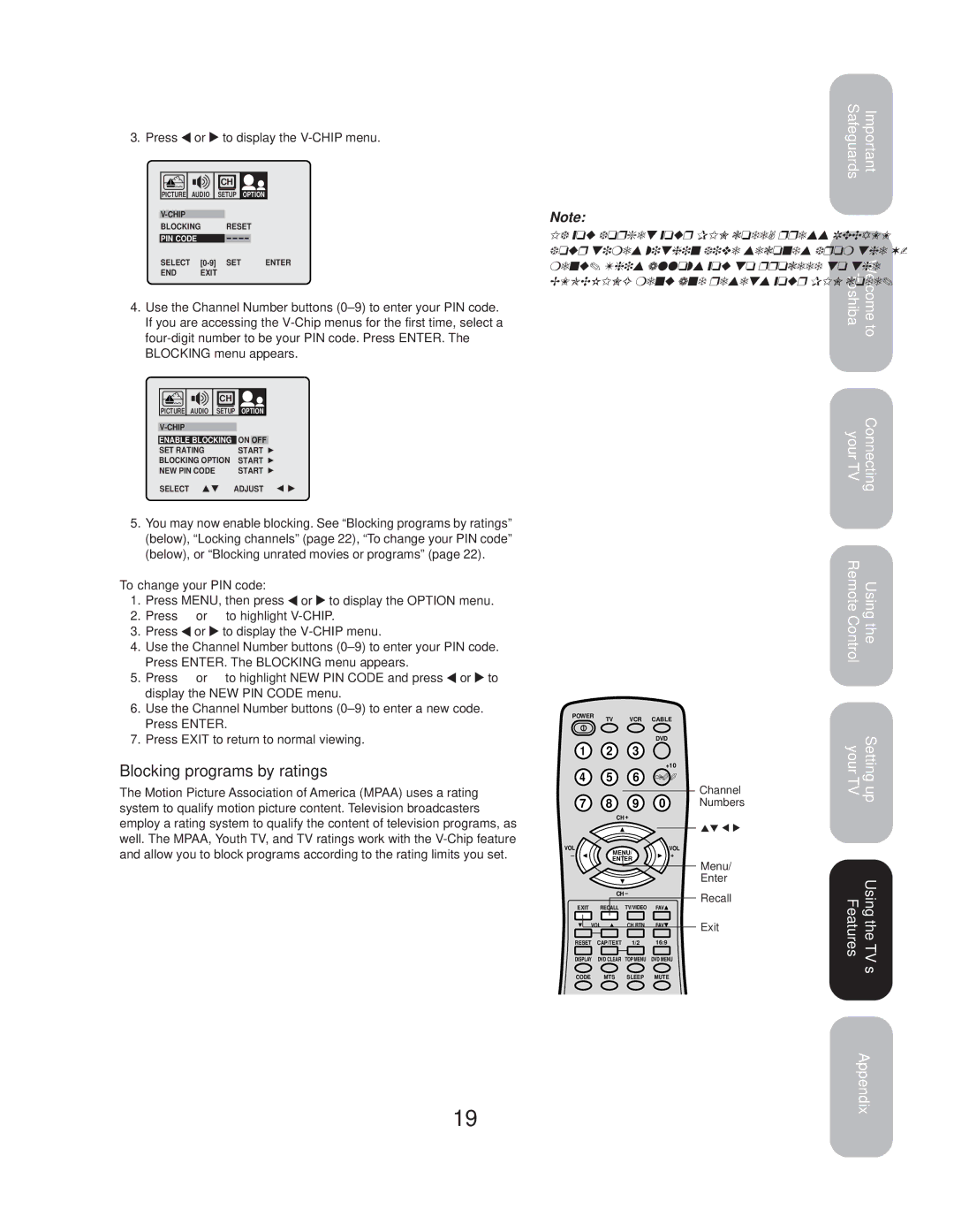 Toshiba 20AF44 appendix Blocking programs by ratings, To change your PIN code 