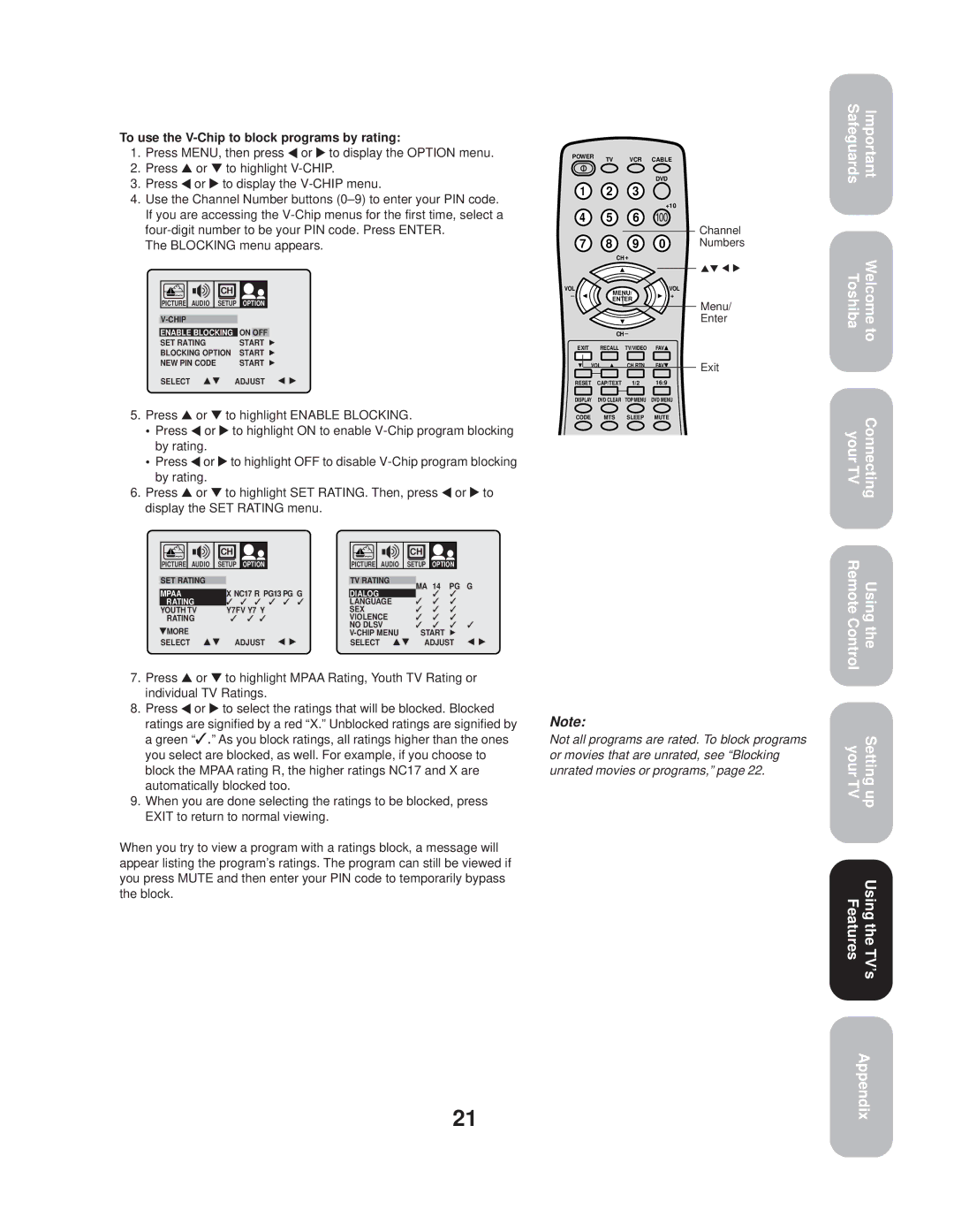 Toshiba 20AF44 appendix To use the V-Chip to block programs by rating 