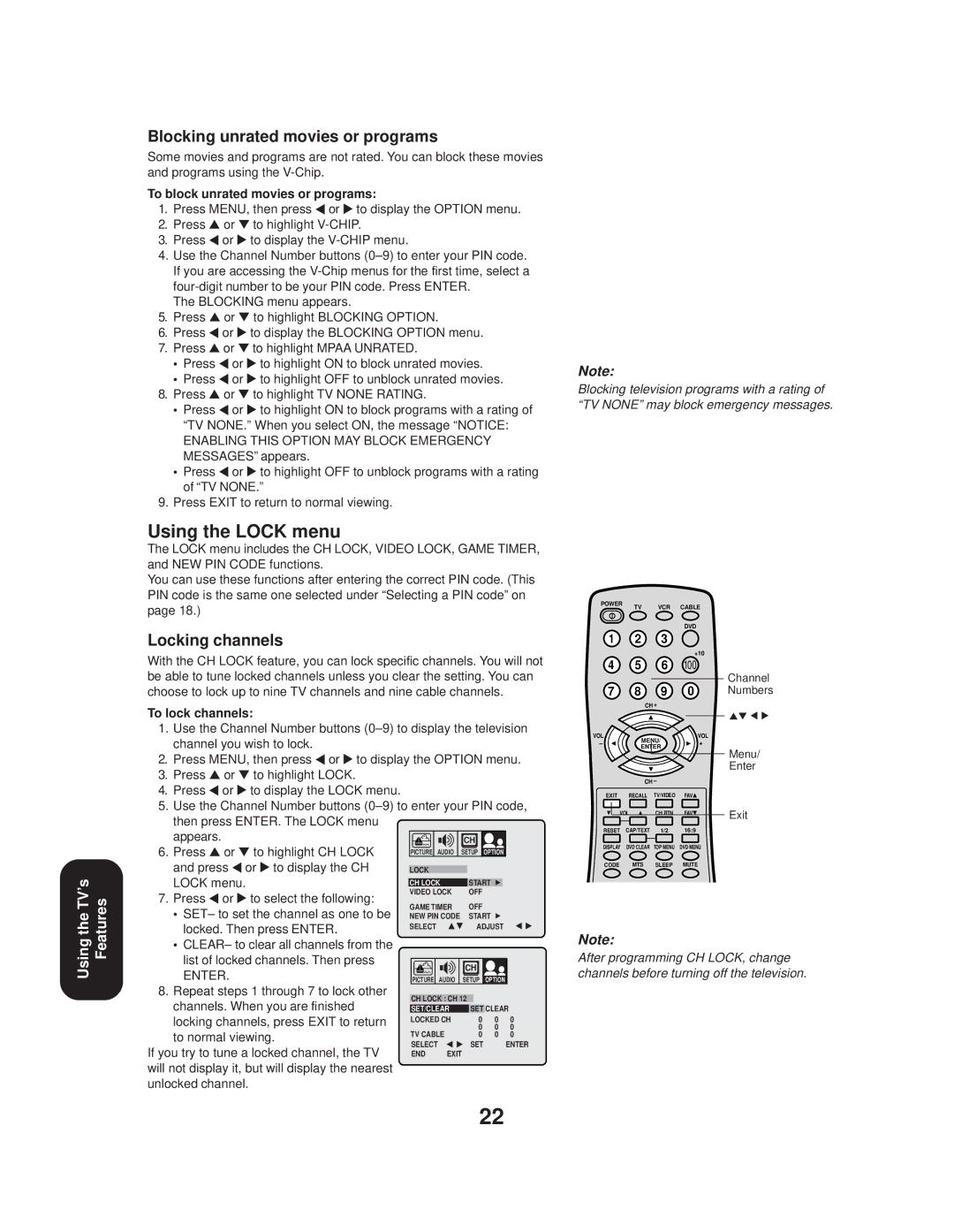 Toshiba 20AF44 appendix Using the Lock menu, Blocking unrated movies or programs, Locking channels 