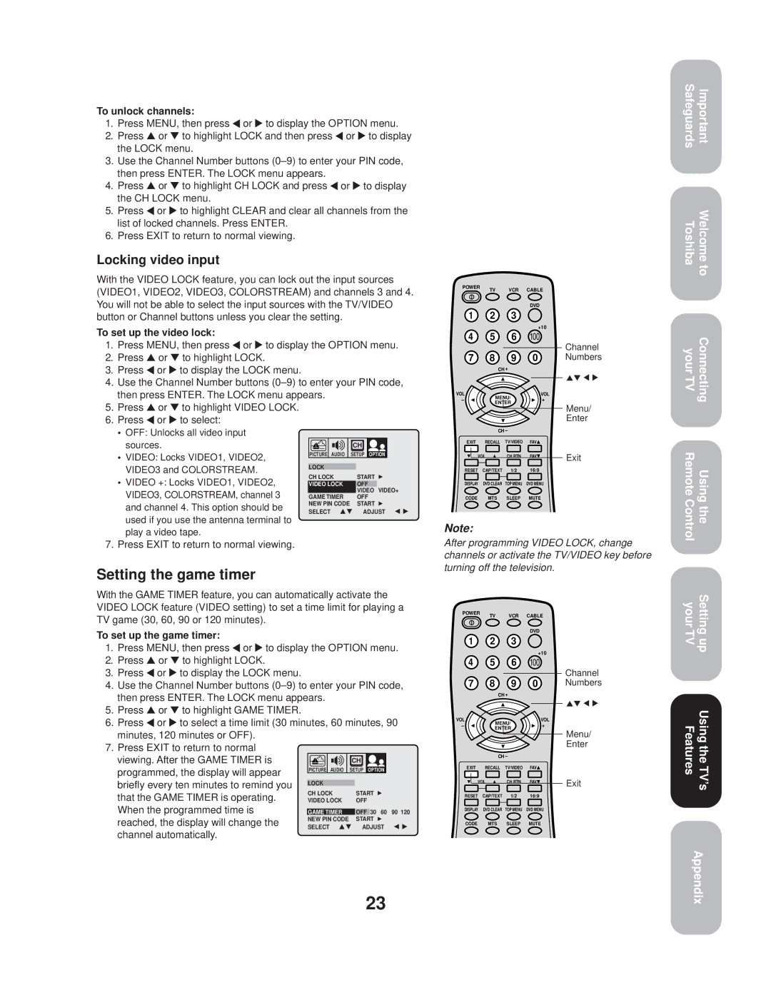 Toshiba 20AF44 appendix Setting the game timer, Locking video input 