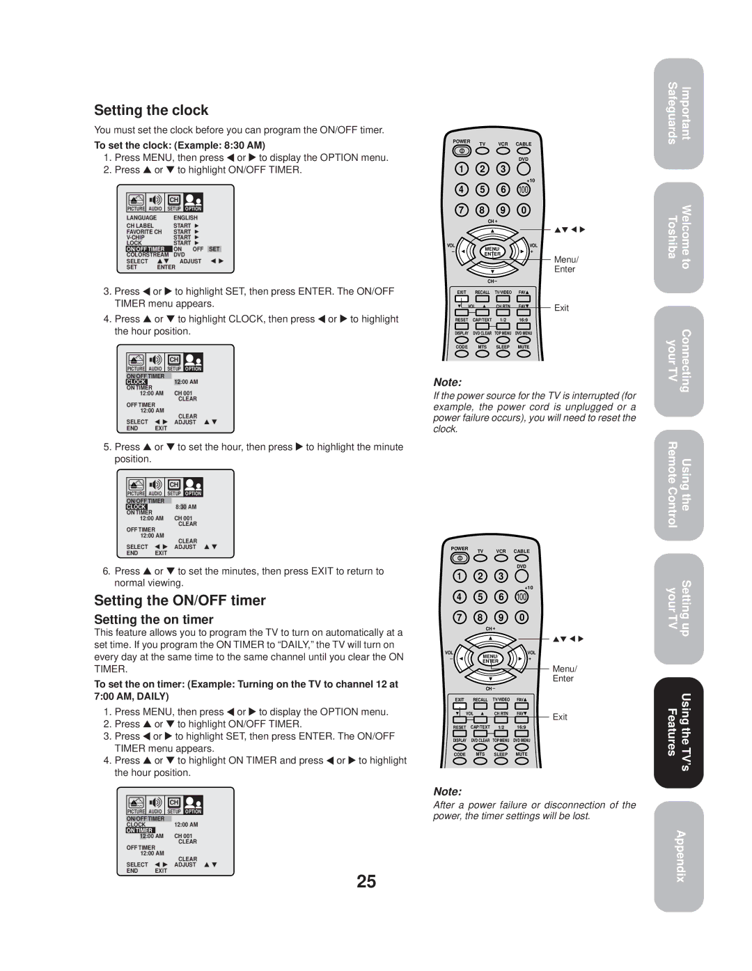 Toshiba 20AF44 appendix Setting the clock, Setting the ON/OFF timer, Setting the on timer, To set the clock Example 830 AM 