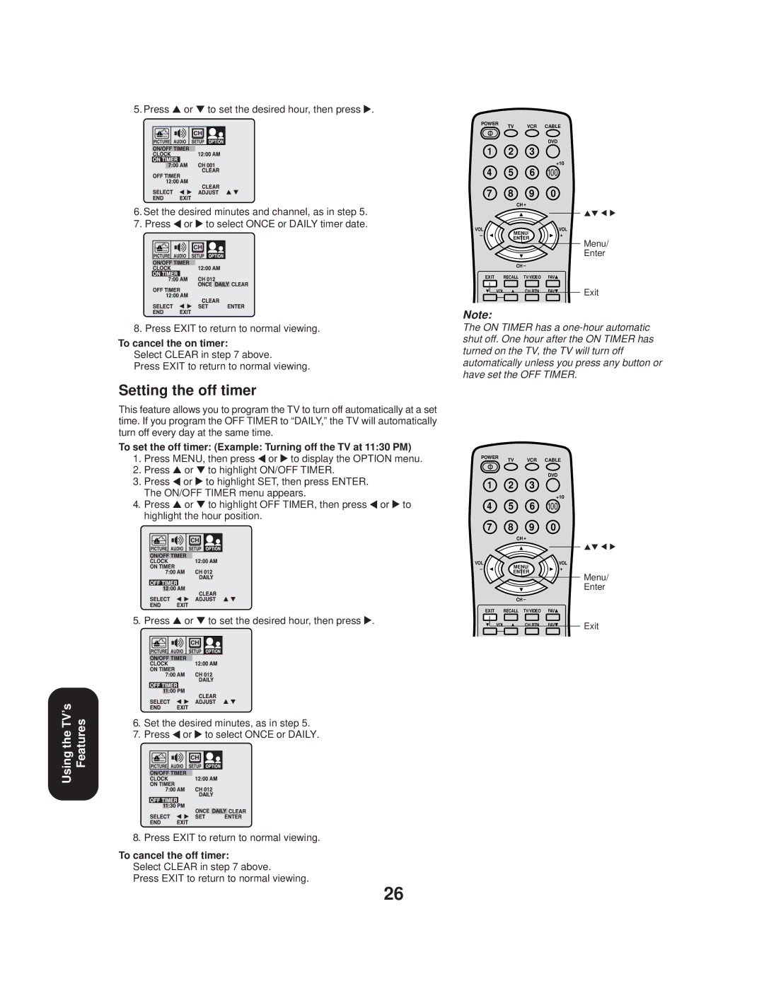 Toshiba 20AF44 appendix Setting the off timer, To cancel the on timer, To cancel the off timer 