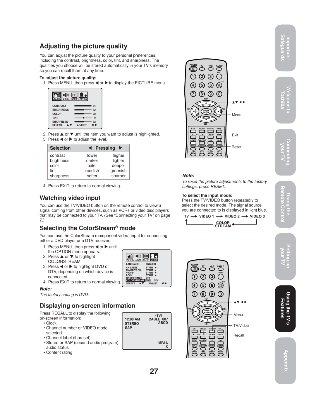 Toshiba 20AF44 appendix Watching video input, Selecting the ColorStream mode, Displaying on-screen information 