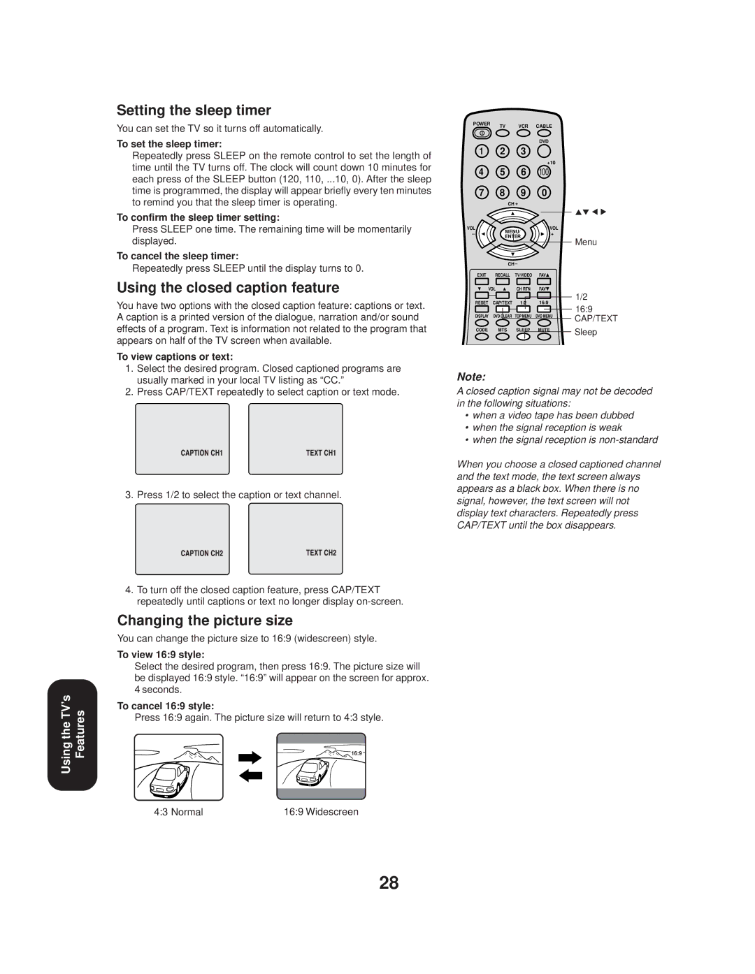 Toshiba 20AF44 appendix Setting the sleep timer, Using the closed caption feature, Changing the picture size 