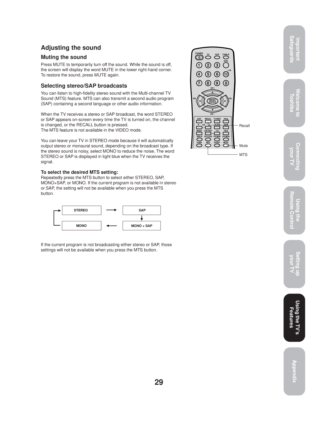 Toshiba 20AF44 appendix Adjusting the sound, Muting the sound, Selecting stereo/SAP broadcasts 