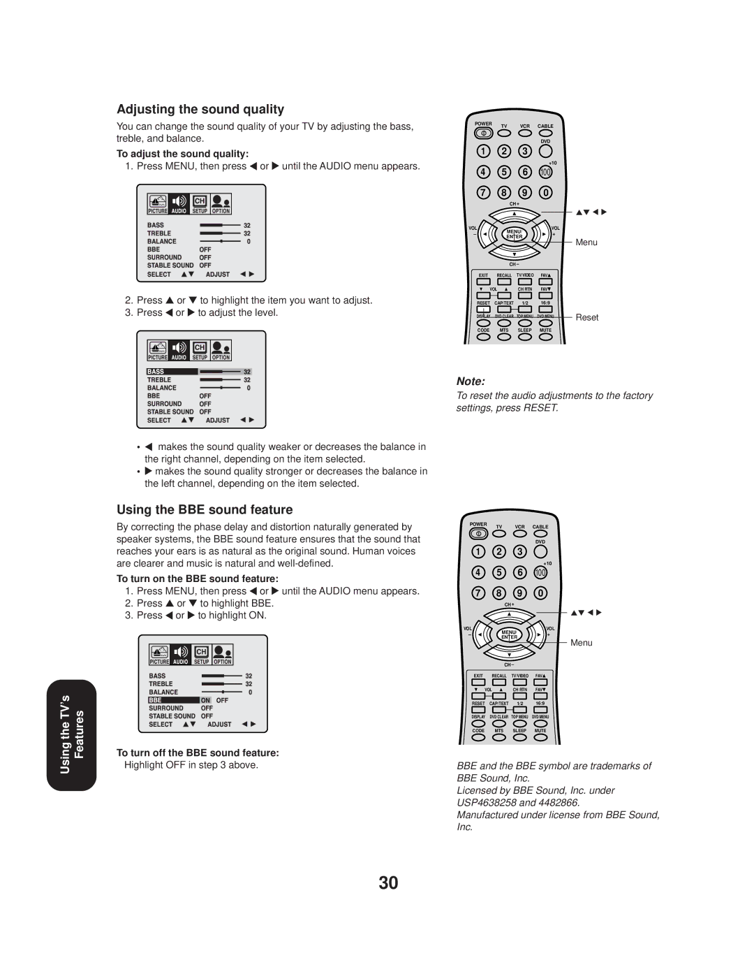 Toshiba 20AF44 appendix Adjusting the sound quality, Using the BBE sound feature, To adjust the sound quality 