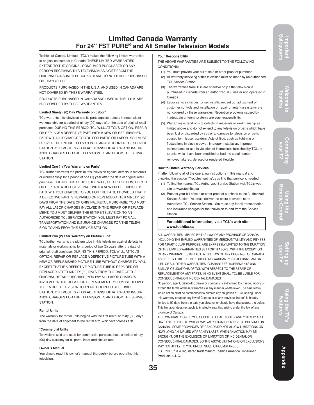 Toshiba 20AF44 appendix Limited Canada Warranty 