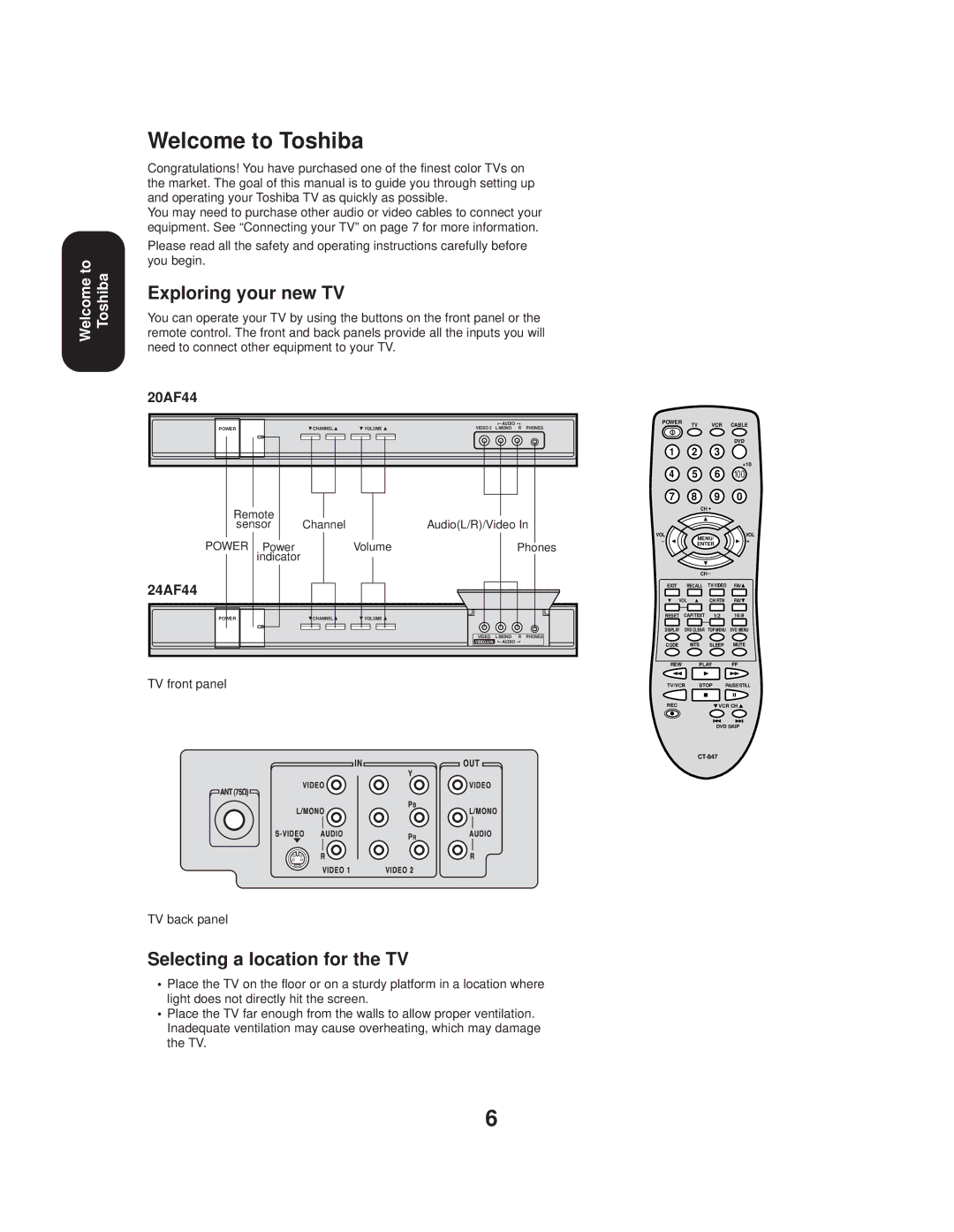 Toshiba 20AF44 appendix Welcome to Toshiba, Exploring your new TV, Selecting a location for the TV, TV front panel 