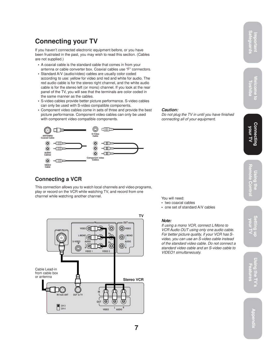 Toshiba 20AF44 appendix Connecting your TV, Connecting a VCR, Stereo VCR 