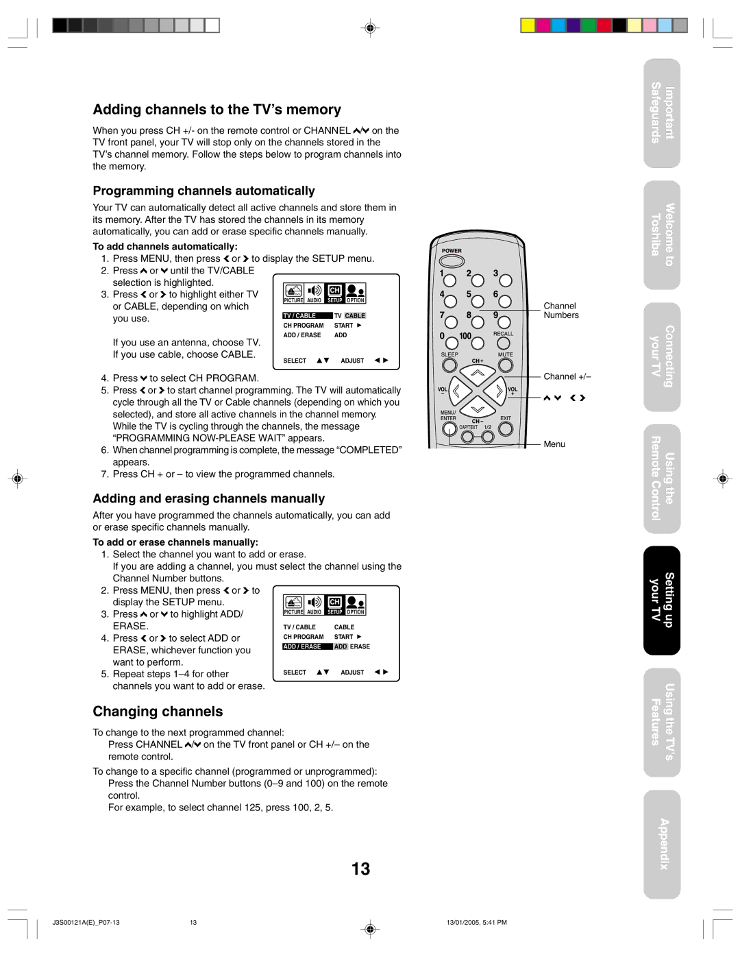 Toshiba 14AF45, 20AF45 appendix Adding channels to the TV’s memory, Changing channels, Programming channels automatically 