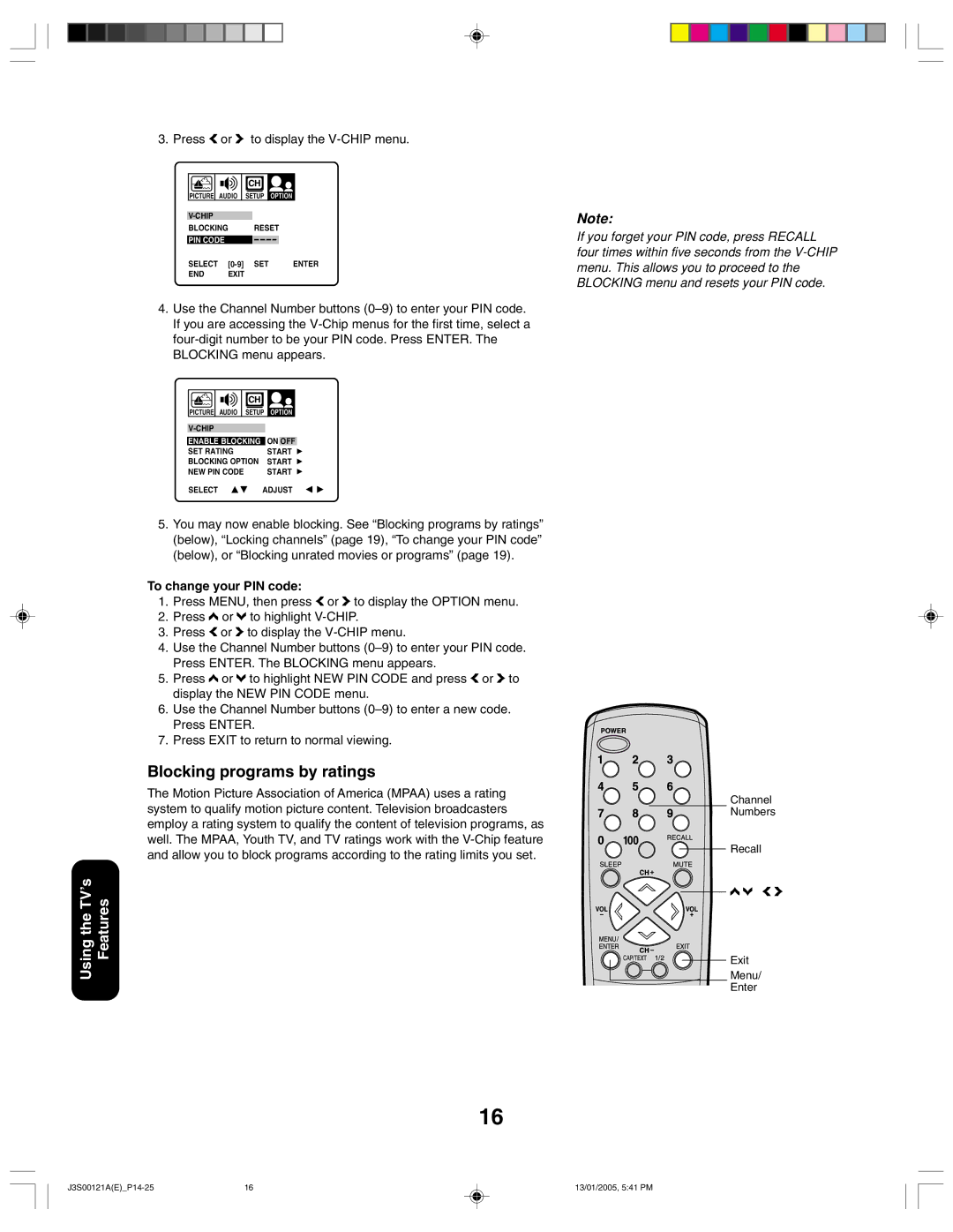 Toshiba 20AF45, 14AF45 Blocking programs by ratings, Press a or b to display the V-CHIP menu, To change your PIN code 