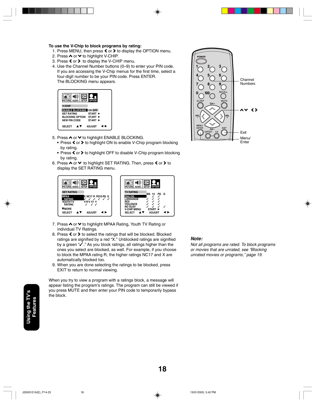 Toshiba 20AF45, 14AF45 appendix To use the V-Chip to block programs by rating, Blocking menu appears 