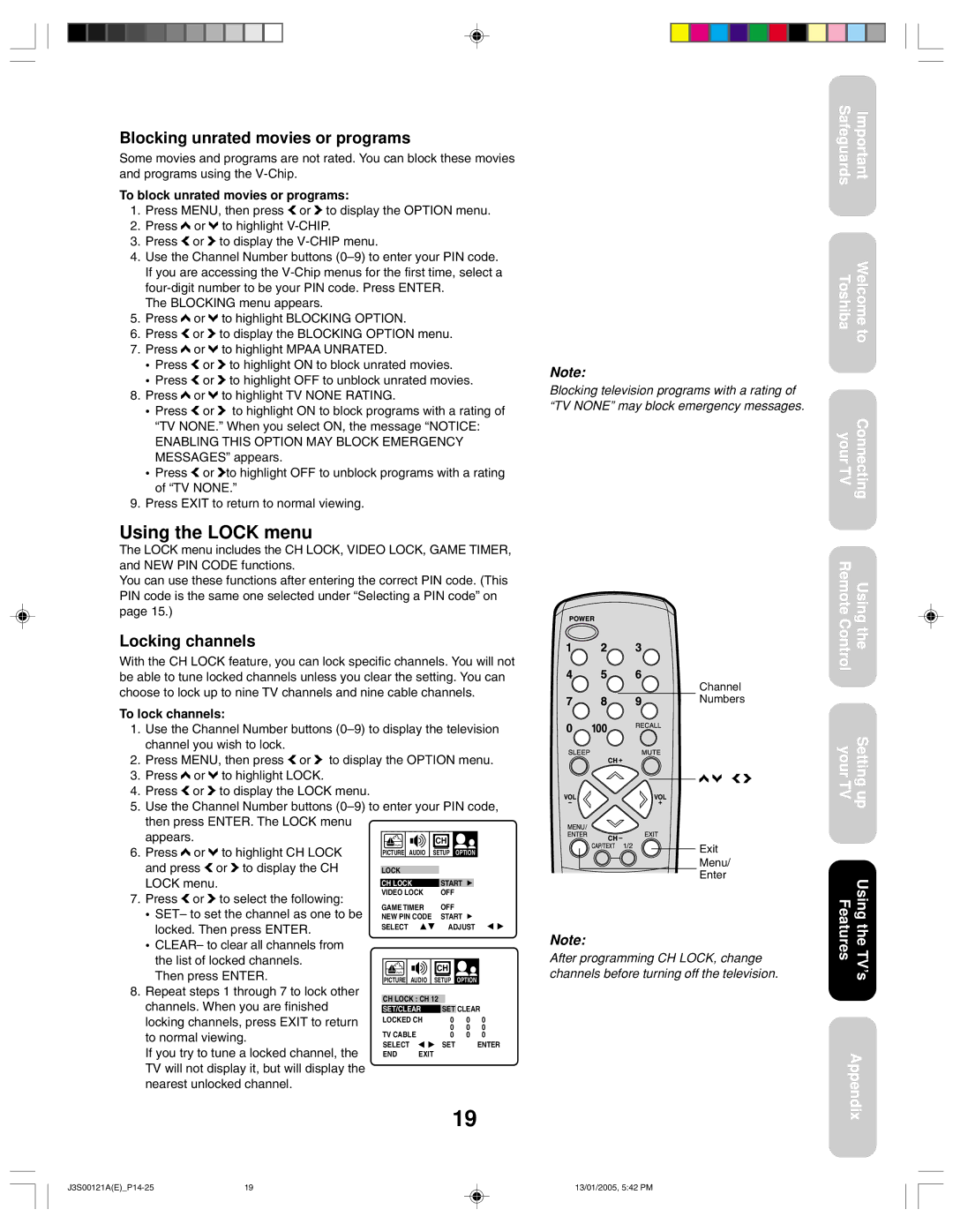 Toshiba 14AF45, 20AF45 appendix Using the Lock menu, Blocking unrated movies or programs, Locking channels 