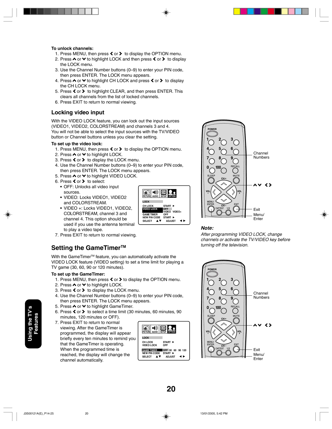 Toshiba 20AF45, 14AF45 appendix Setting the GameTimerTM, Locking video input 