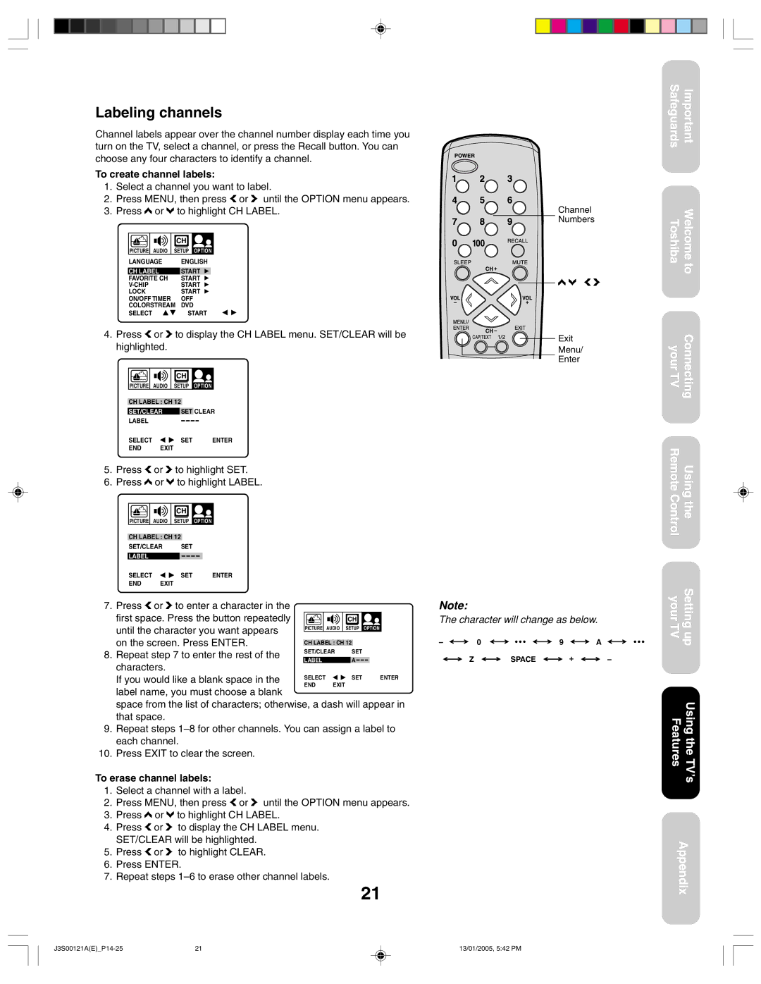 Toshiba 14AF45, 20AF45 appendix Labeling channels, To create channel labels, To erase channel labels 