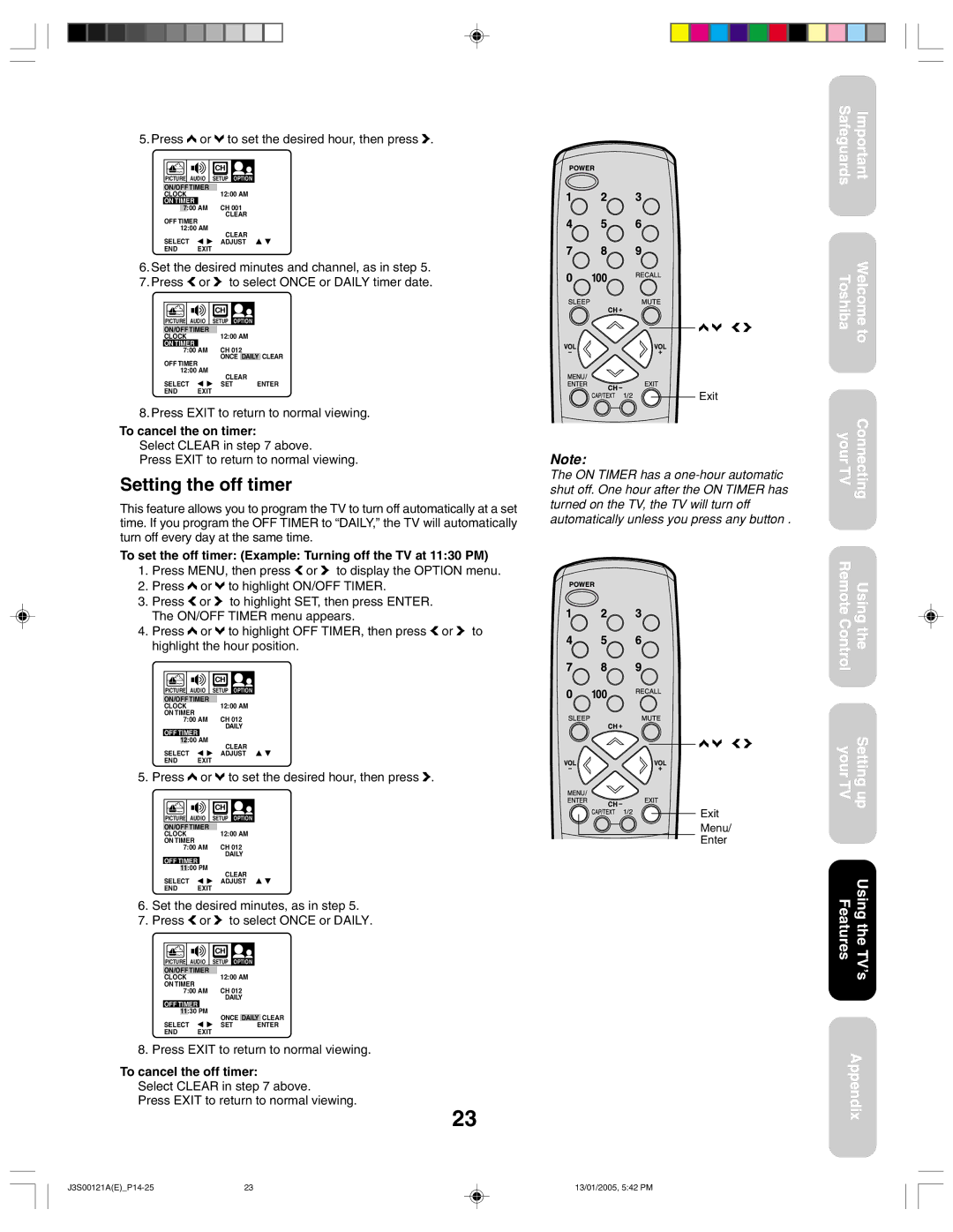 Toshiba 14AF45, 20AF45 Setting the off timer, Press c or d to set the desired hour, then press b, To cancel the on timer 