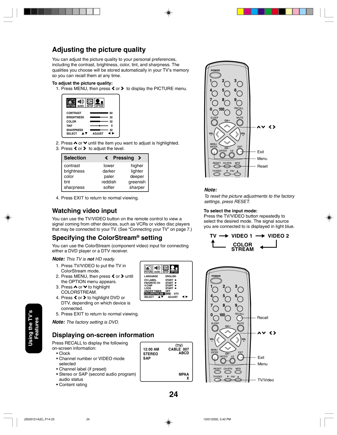 Toshiba 20AF45, 14AF45 appendix Watching video input, Specifying the ColorStream setting, Displaying on-screen information 