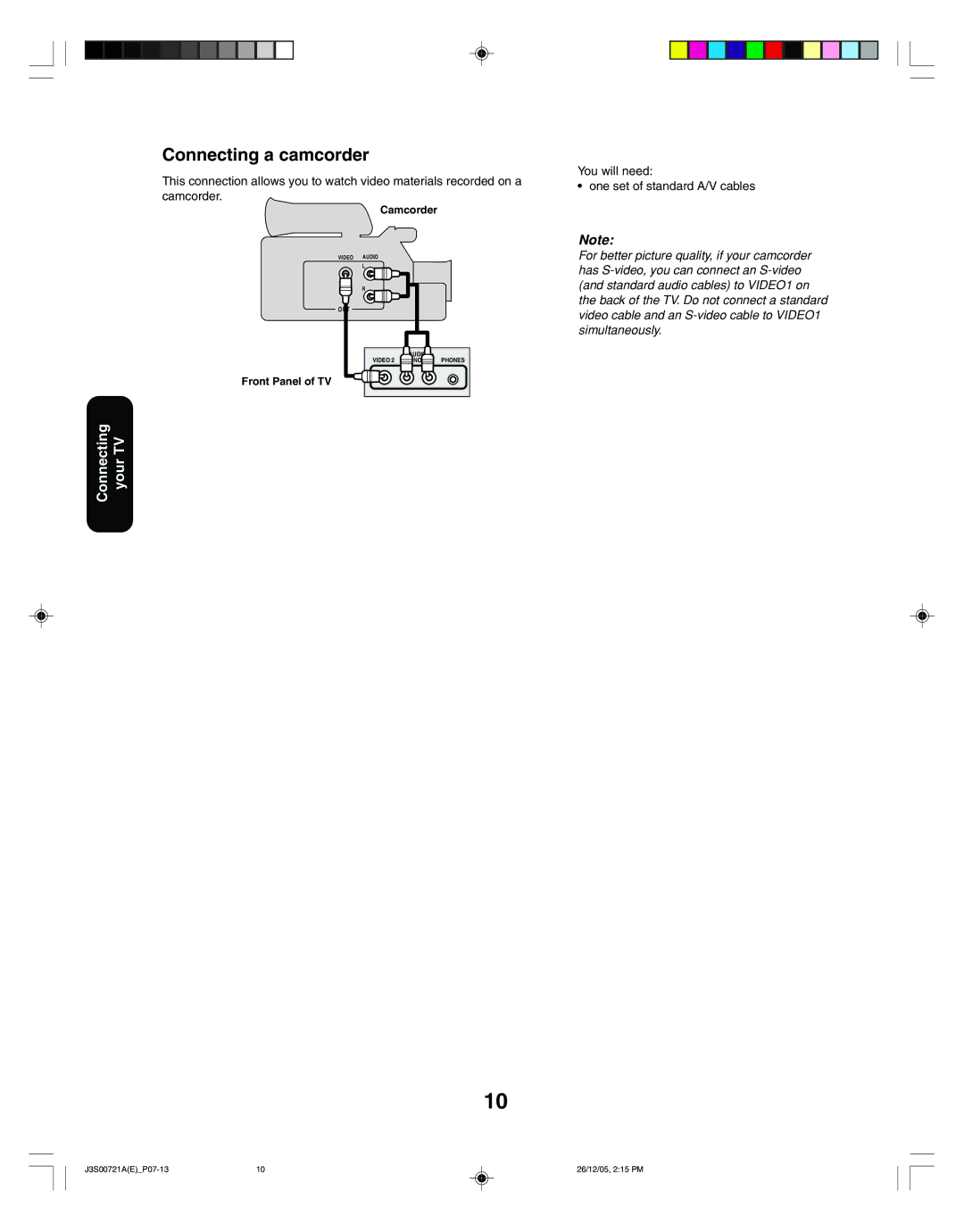 Toshiba 20AF46C, 14AF46C appendix Connecting a camcorder, You will need One set of standard A/V cables 