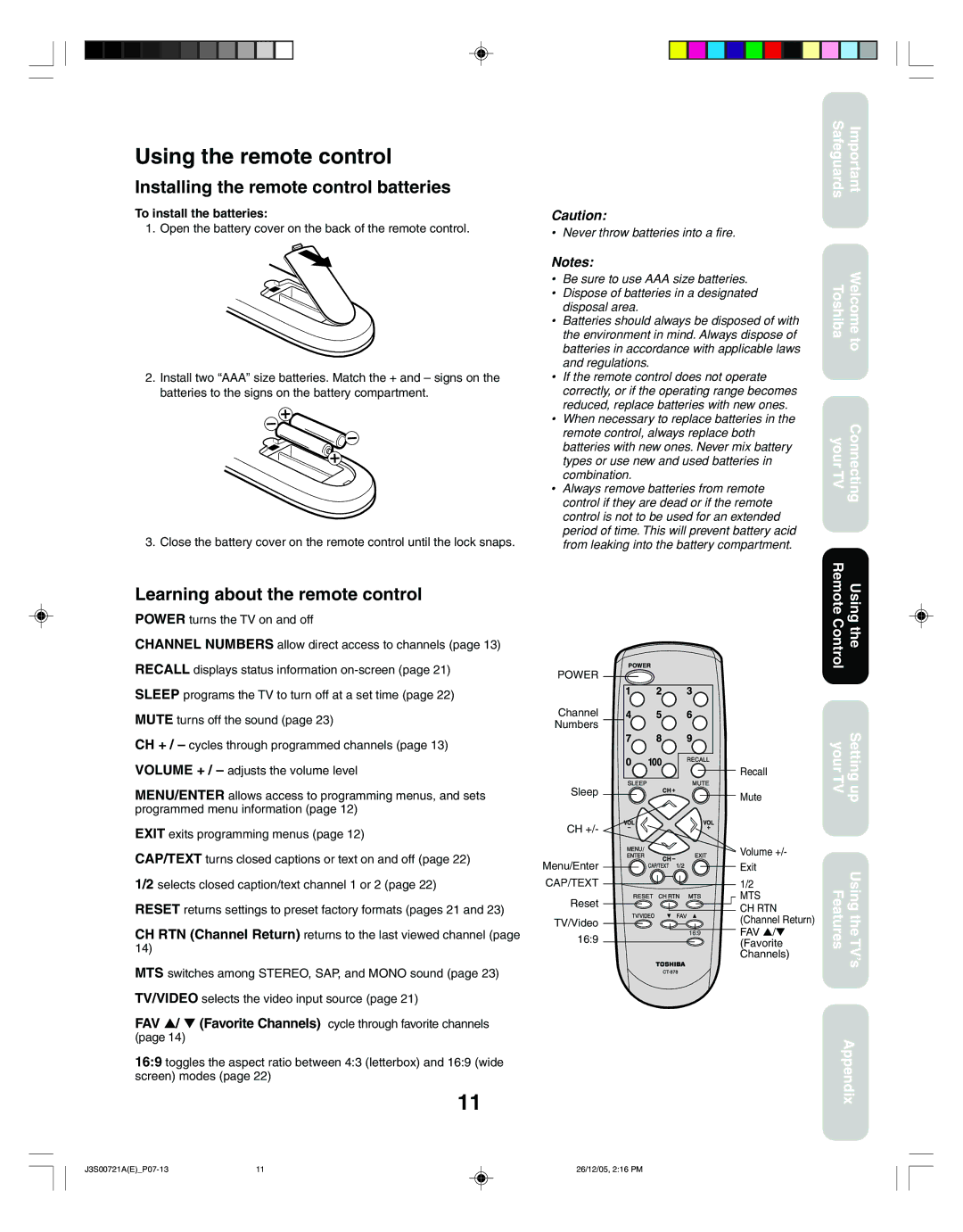 Toshiba 14AF46C Using the remote control, Installing the remote control batteries, Learning about the remote control 