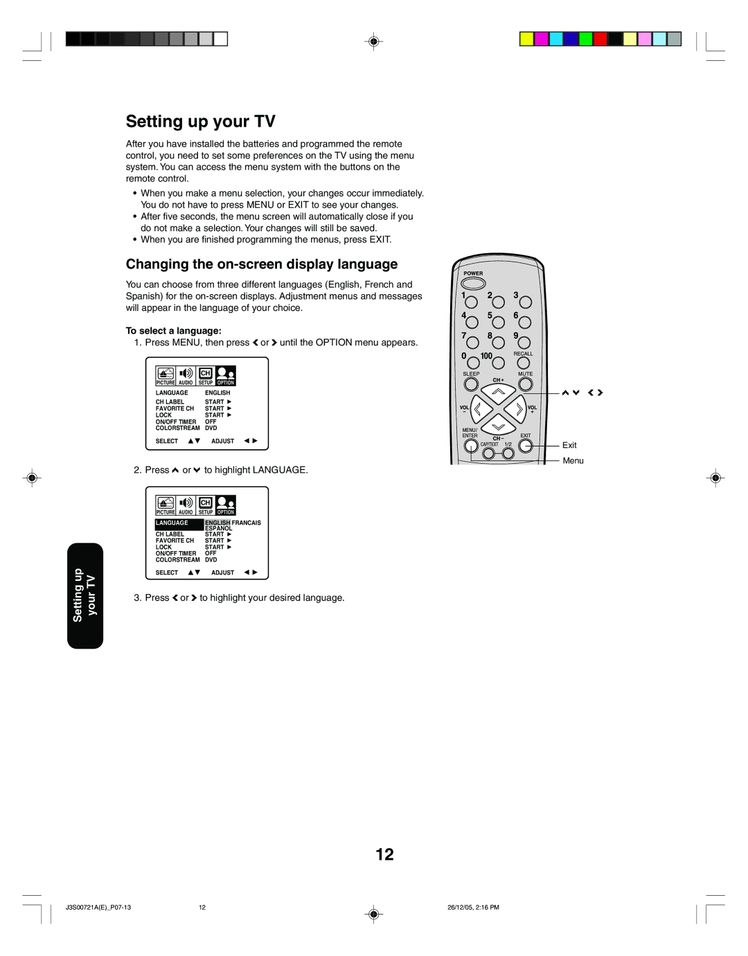 Toshiba 20AF46C, 14AF46C appendix Setting up your TV, Changing the on-screen display language, To select a language 