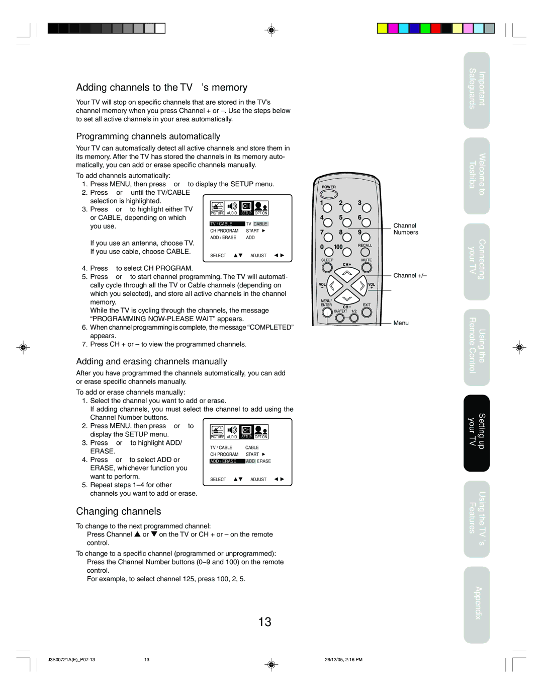 Toshiba 14AF46C, 20AF46C appendix Adding channels to the TV’s memory, Changing channels, Programming channels automatically 