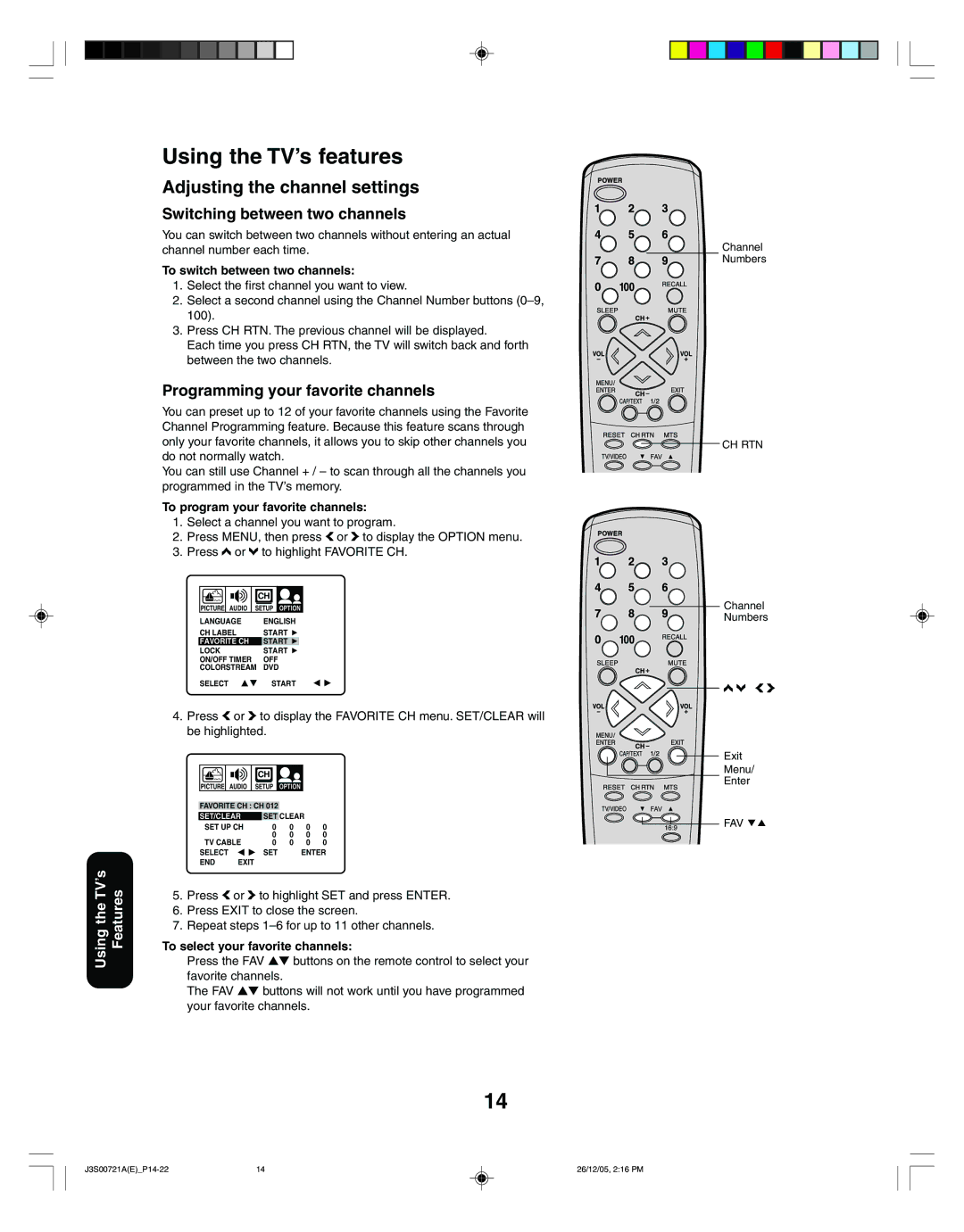 Toshiba 20AF46C, 14AF46C appendix Using the TV’s features, Adjusting the channel settings, Switching between two channels 