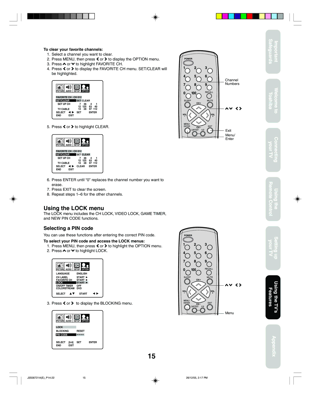 Toshiba 14AF46C, 20AF46C appendix Using the Lock menu, Selecting a PIN code, To clear your favorite channels 