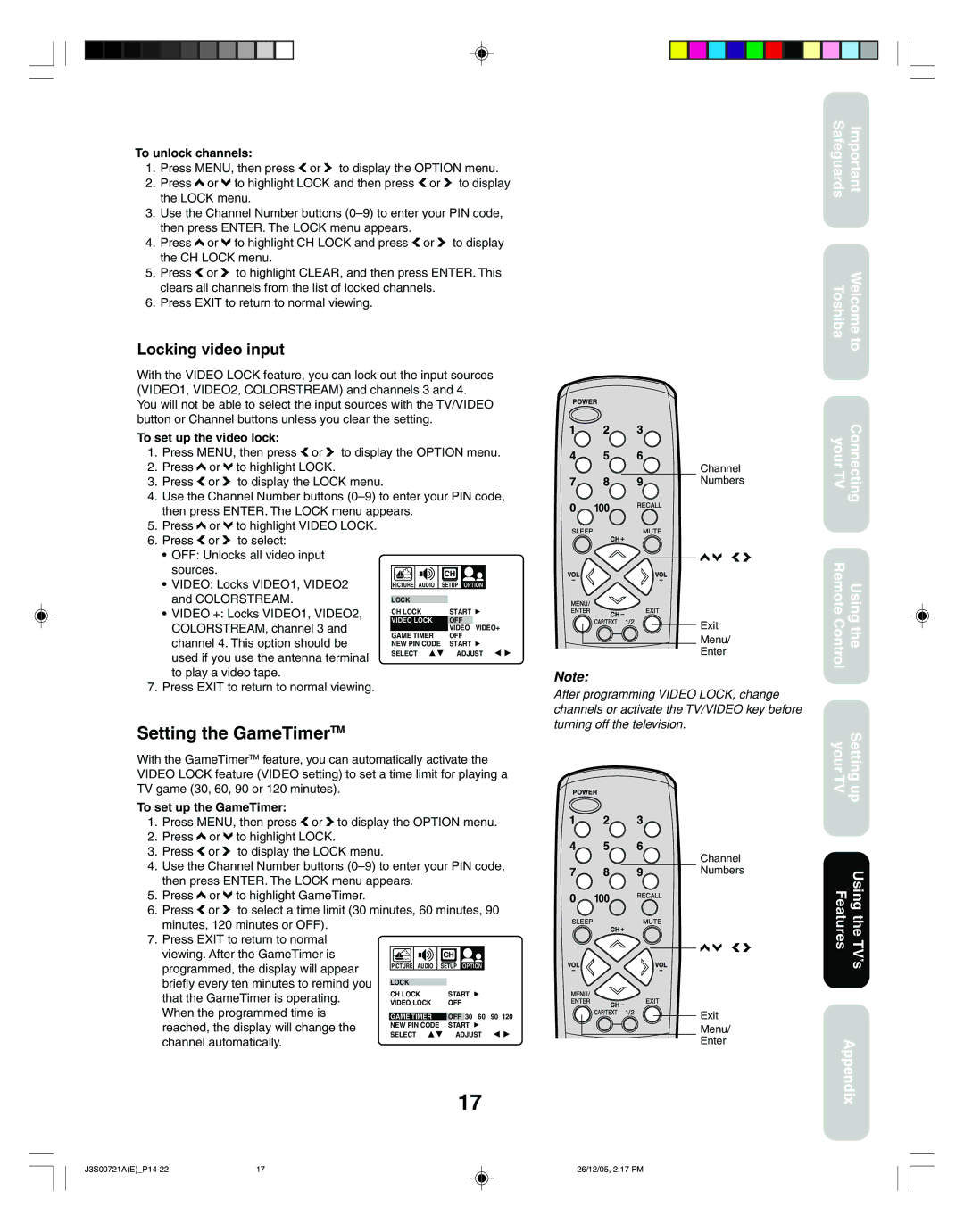 Toshiba 14AF46C, 20AF46C appendix Setting the GameTimerTM, Locking video input 