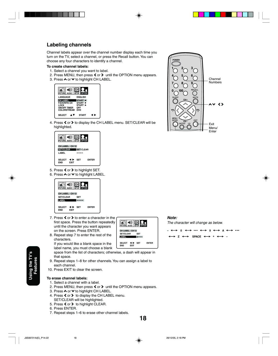 Toshiba 20AF46C, 14AF46C appendix Labeling channels, To create channel labels, To erase channel labels 