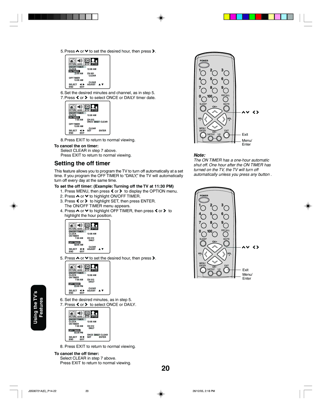 Toshiba 20AF46C, 14AF46C Setting the off timer, Press c or d to set the desired hour, then press b, To cancel the on timer 