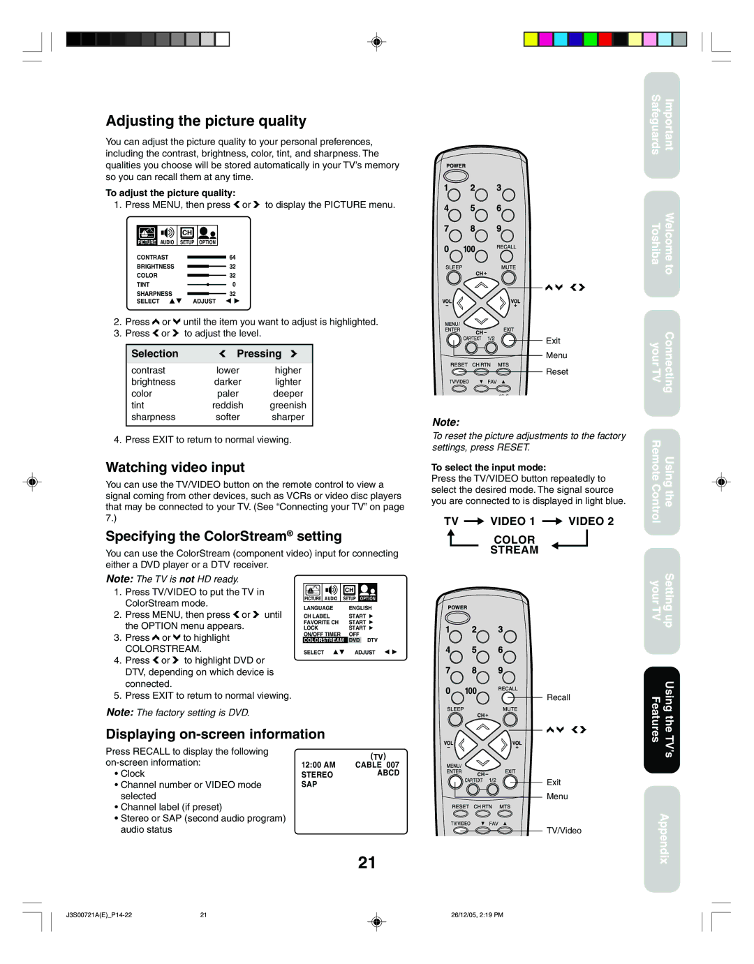 Toshiba 14AF46C, 20AF46C appendix Watching video input, Specifying the ColorStream setting, Displaying on-screen information 