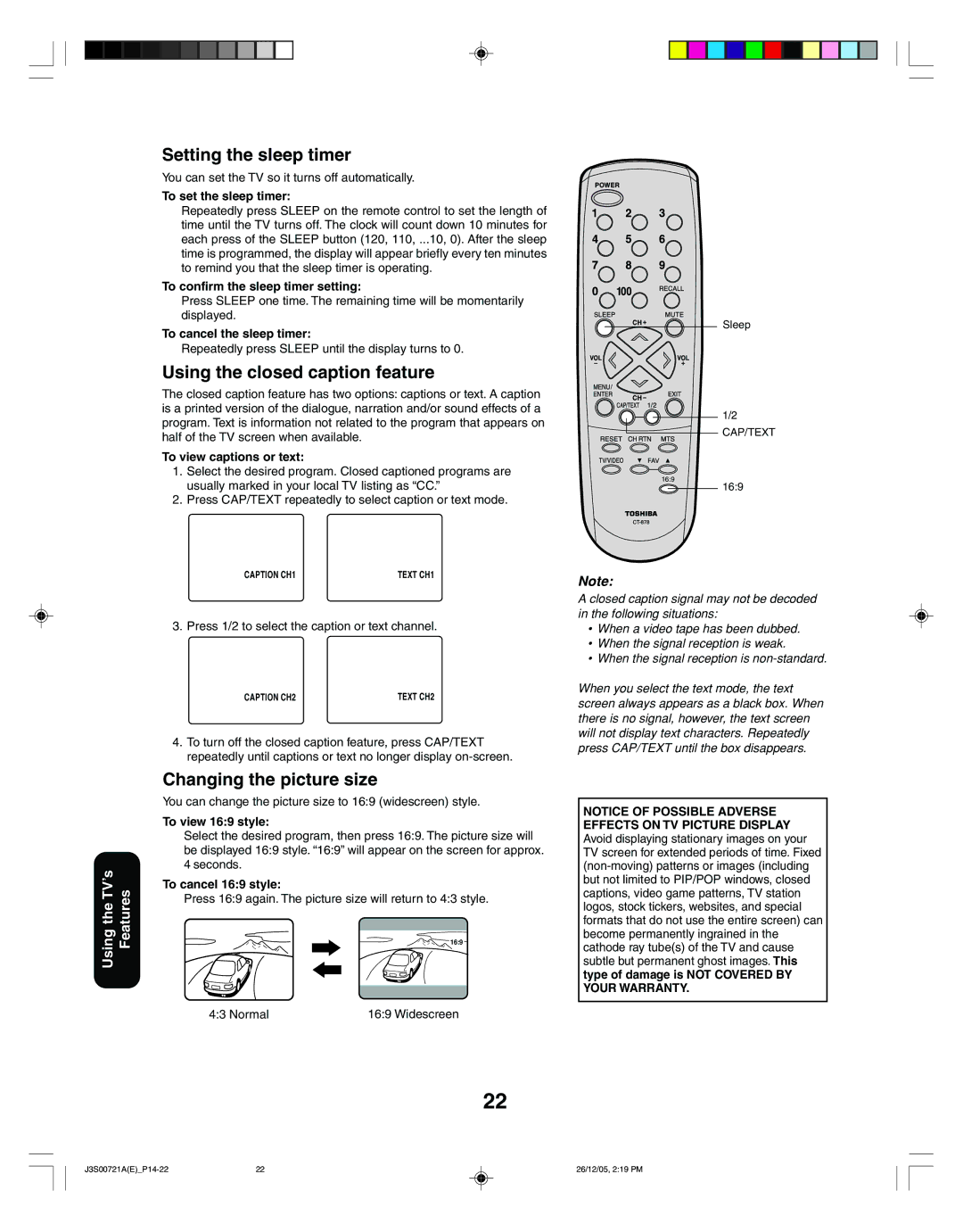 Toshiba 20AF46C, 14AF46C appendix Setting the sleep timer, Using the closed caption feature, Changing the picture size 