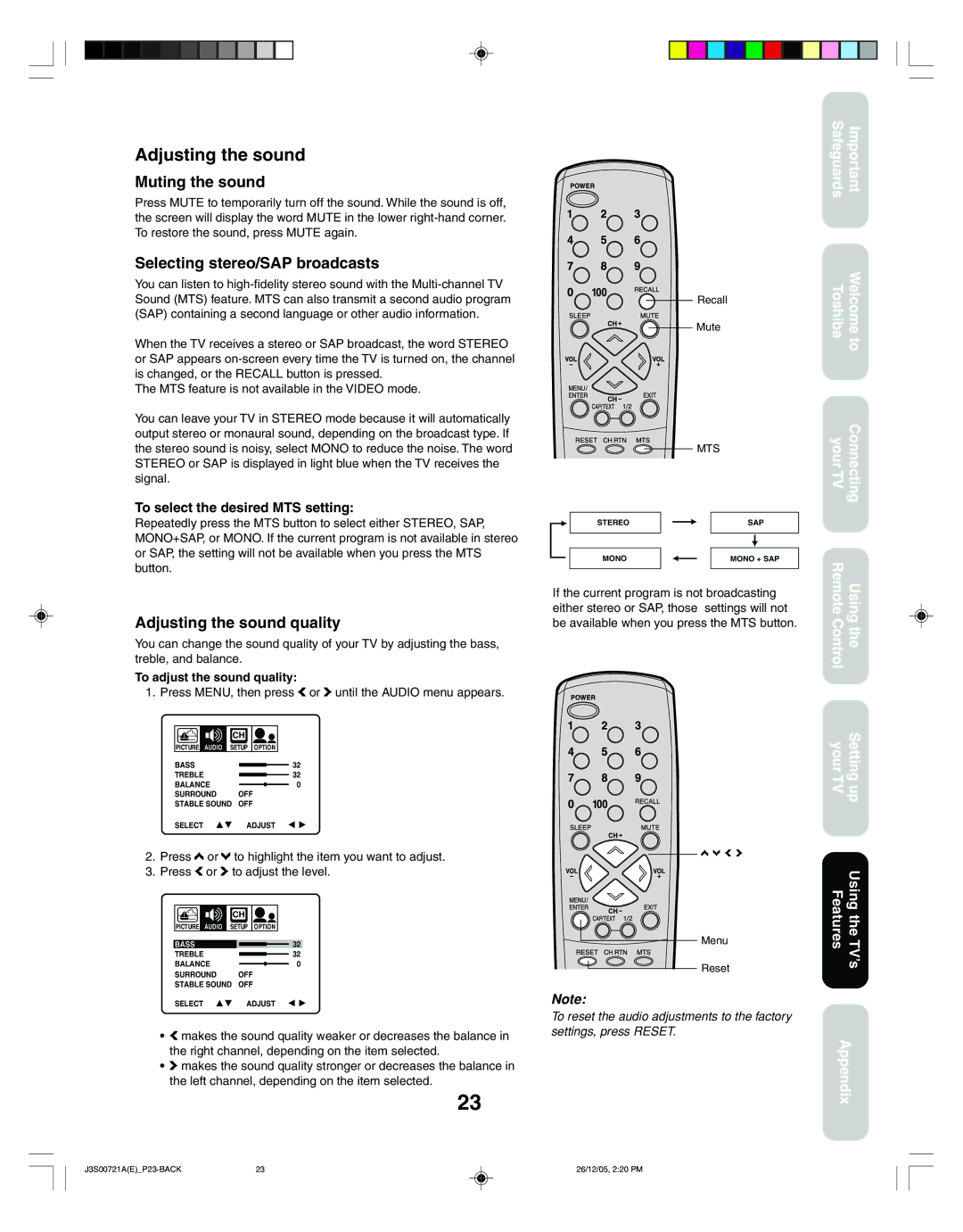 Toshiba 14AF46C, 20AF46C appendix Muting the sound, Selecting stereo/SAP broadcasts, Adjusting the sound quality 