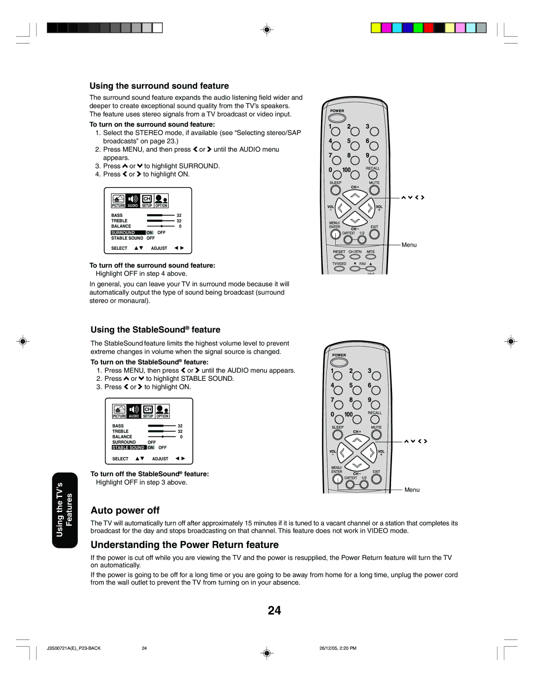 Toshiba 20AF46C, 14AF46C appendix Auto power off, Understanding the Power Return feature, Using the surround sound feature 