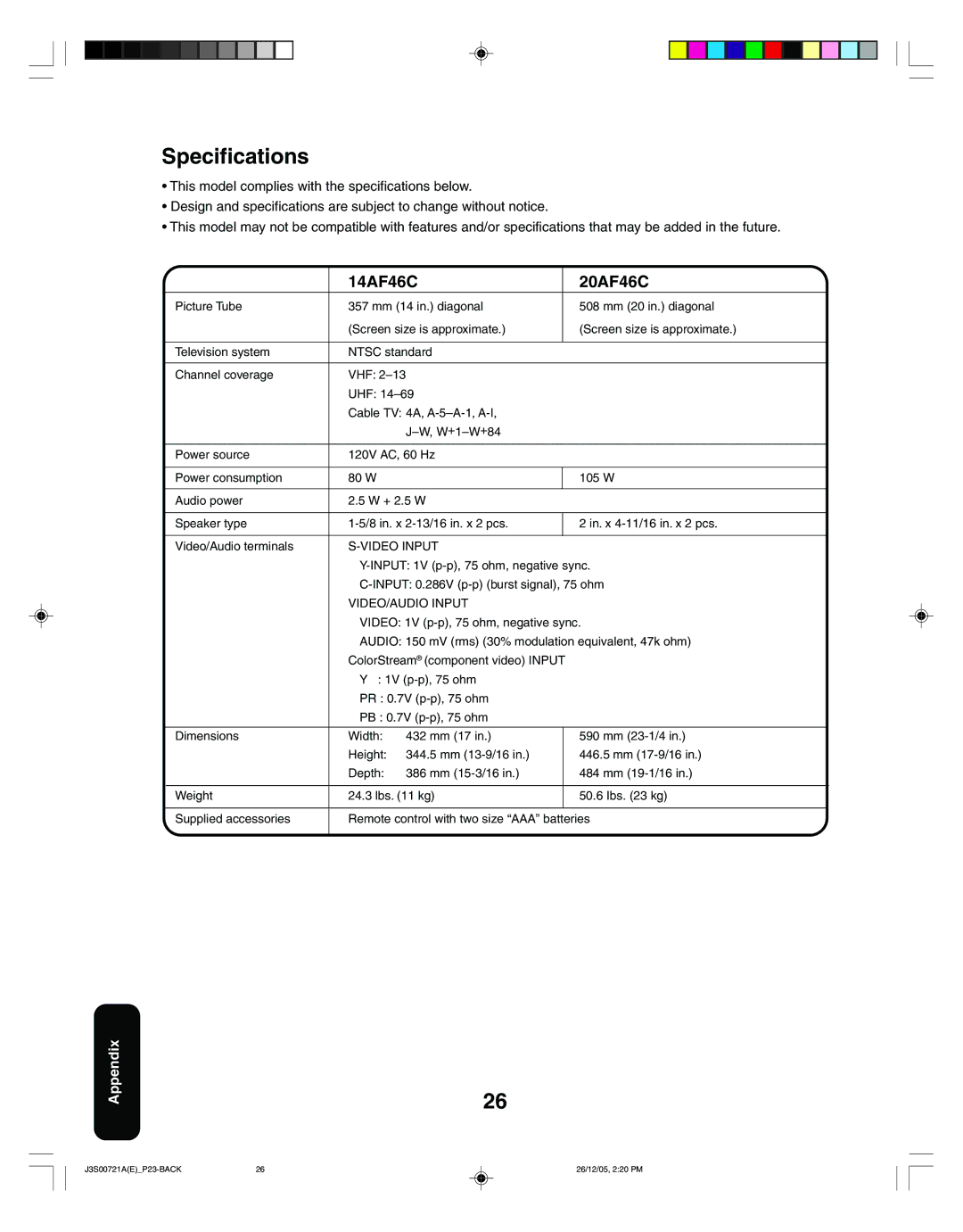 Toshiba appendix Specifications, 14AF46C 20AF46C 