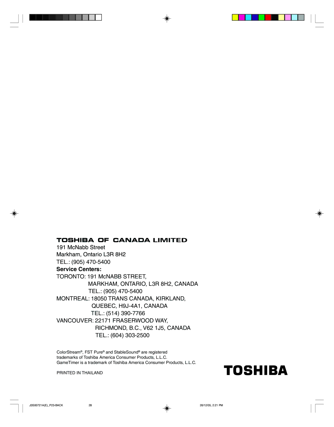 Toshiba 20AF46C, 14AF46C appendix Service Centers 