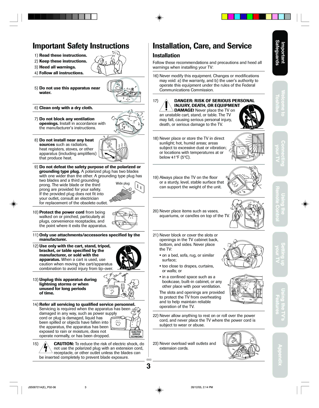 Toshiba 14AF46C, 20AF46C appendix Important Safety Instructions 