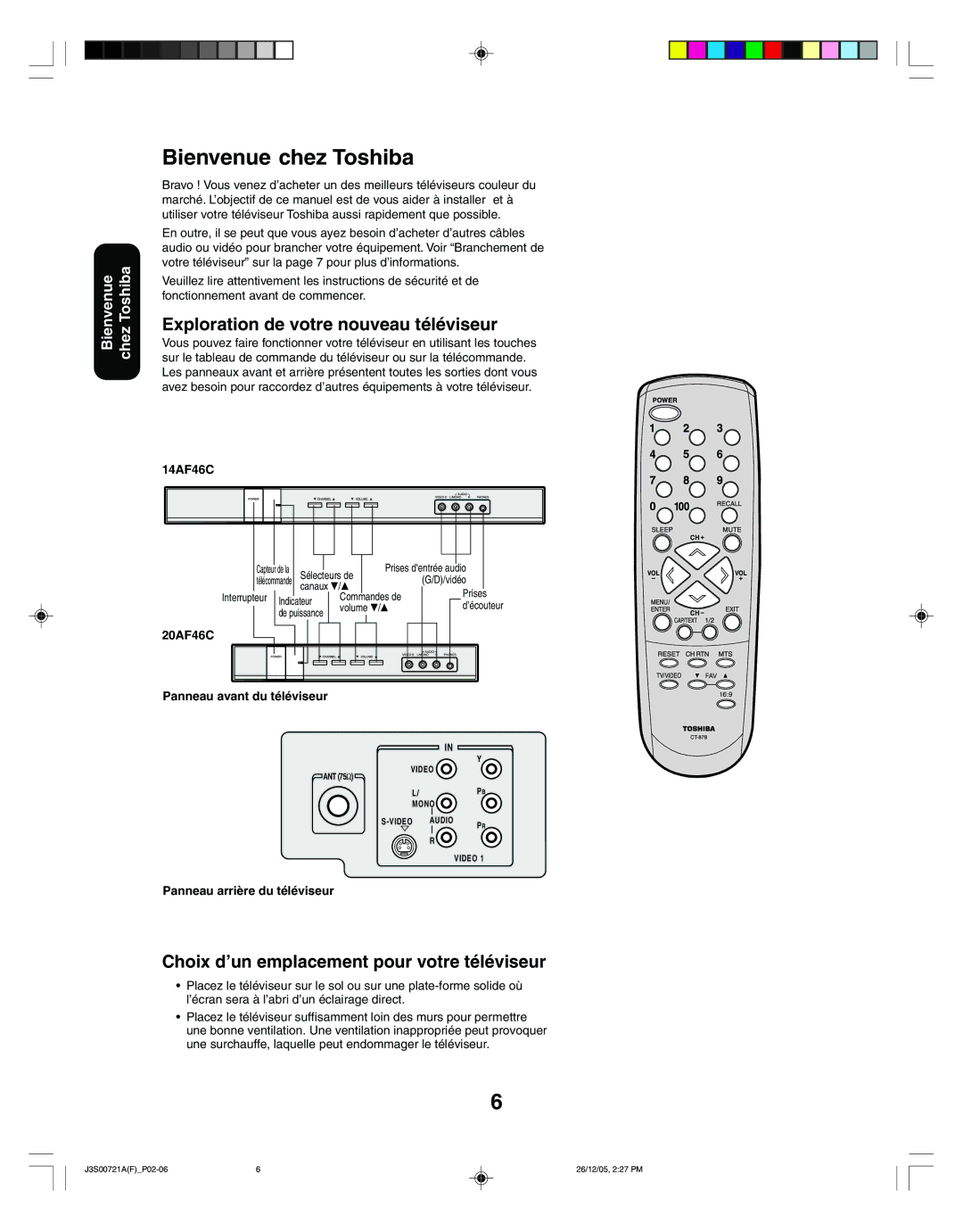 Toshiba 14AF46C Bienvenue chez Toshiba, Exploration de votre nouveau téléviseur, 20AF46C Panneau avant du téléviseur 