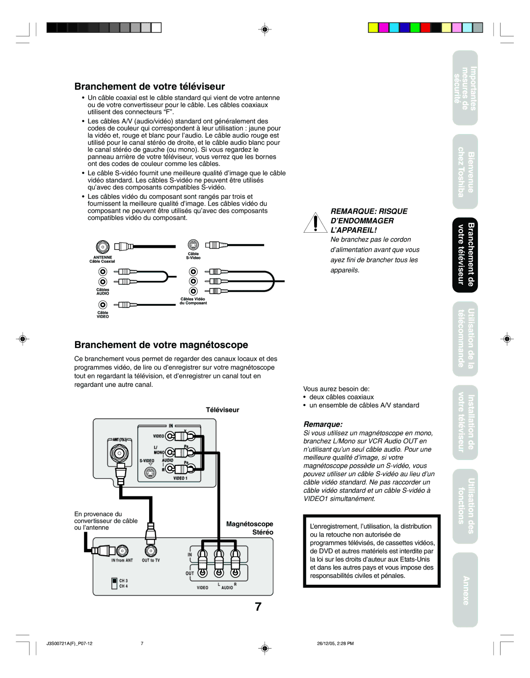 Toshiba 14AF46C, 20AF46C appendix Branchement de votre téléviseur, Branchement de votre magnétoscope, Téléviseur 