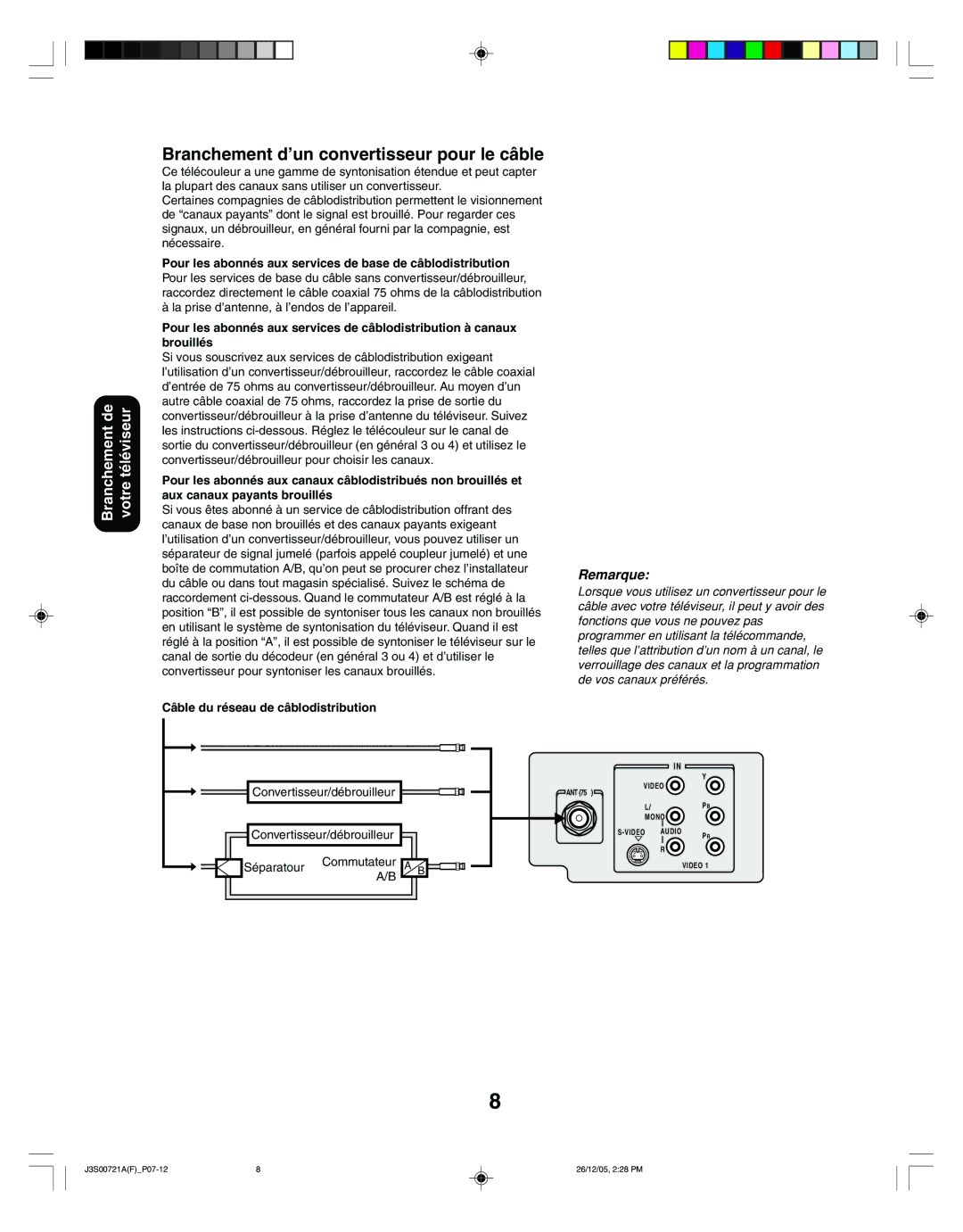 Toshiba 20AF46C, 14AF46C appendix Branchement d’un convertisseur pour le câble, La prise d’antenne, à l’endos de l’appareil 