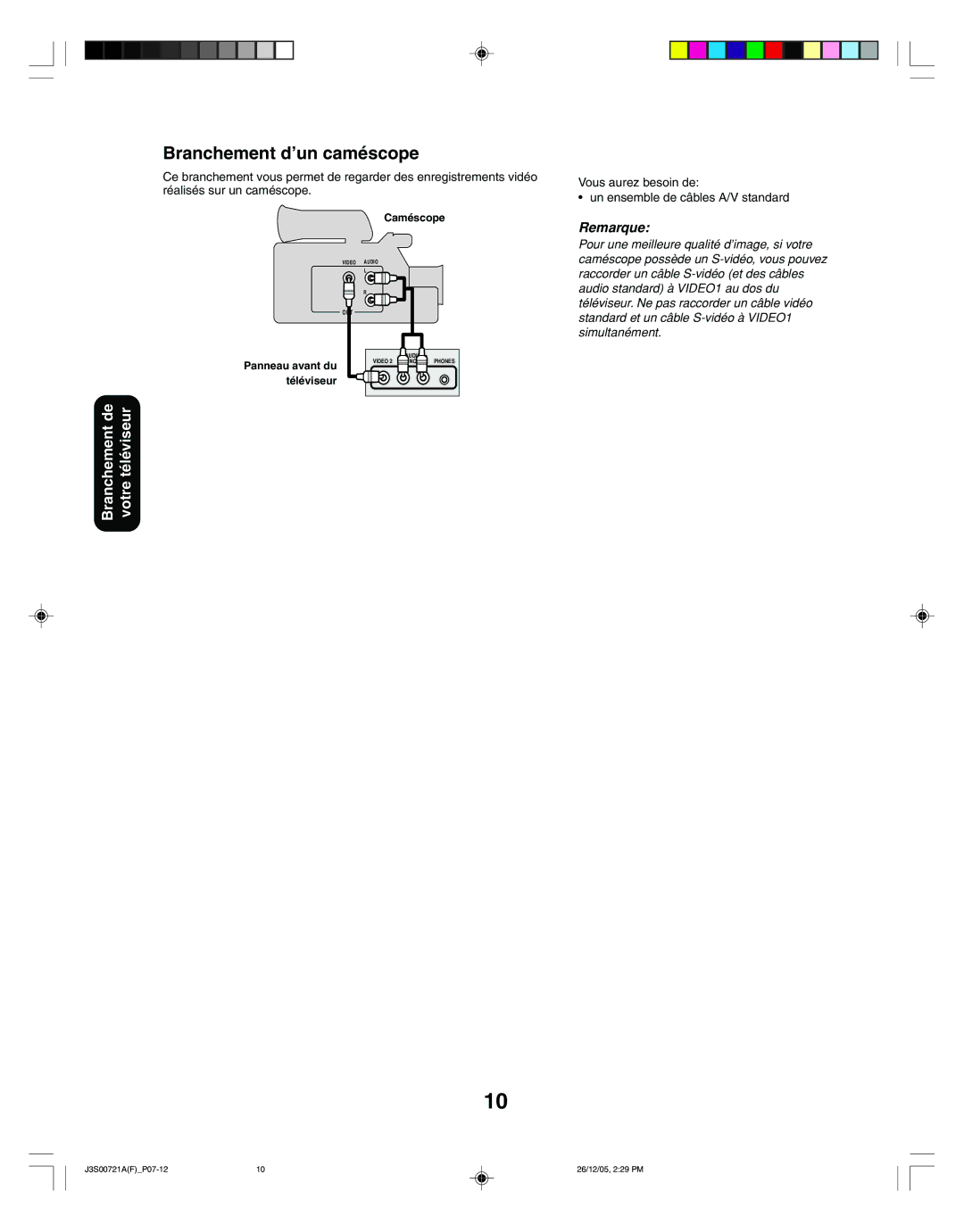 Toshiba 20AF46C, 14AF46C appendix Branchement d’un caméscope, Vous aurez besoin de Un ensemble de câbles A/V standard 