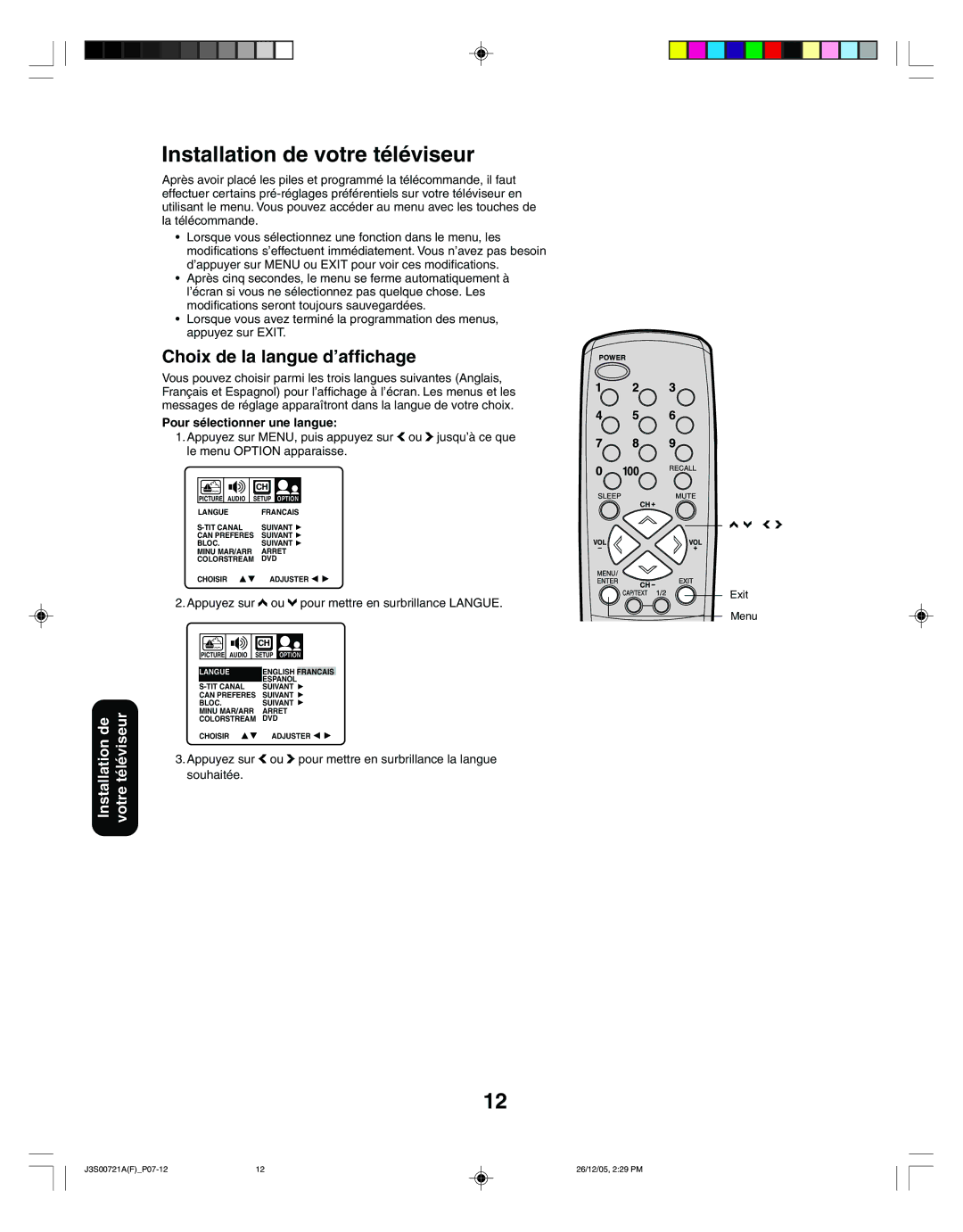 Toshiba 20AF46C, 14AF46C Installation de votre téléviseur, Choix de la langue d’affichage, Pour sélectionner une langue 